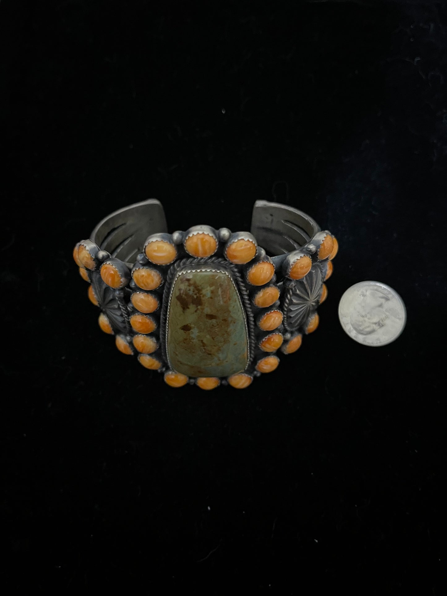 7" Orange spiny Oyster and Royston Turquoise Concho Cuff by Kevin Billah, Navajo