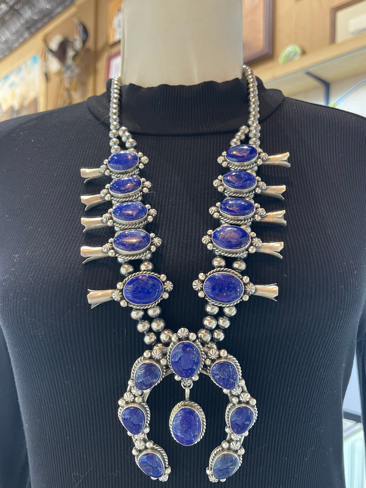 26" Blue Lapis Lazuli Squash Blossom & Earring Set by Augustine Largo, Navajo