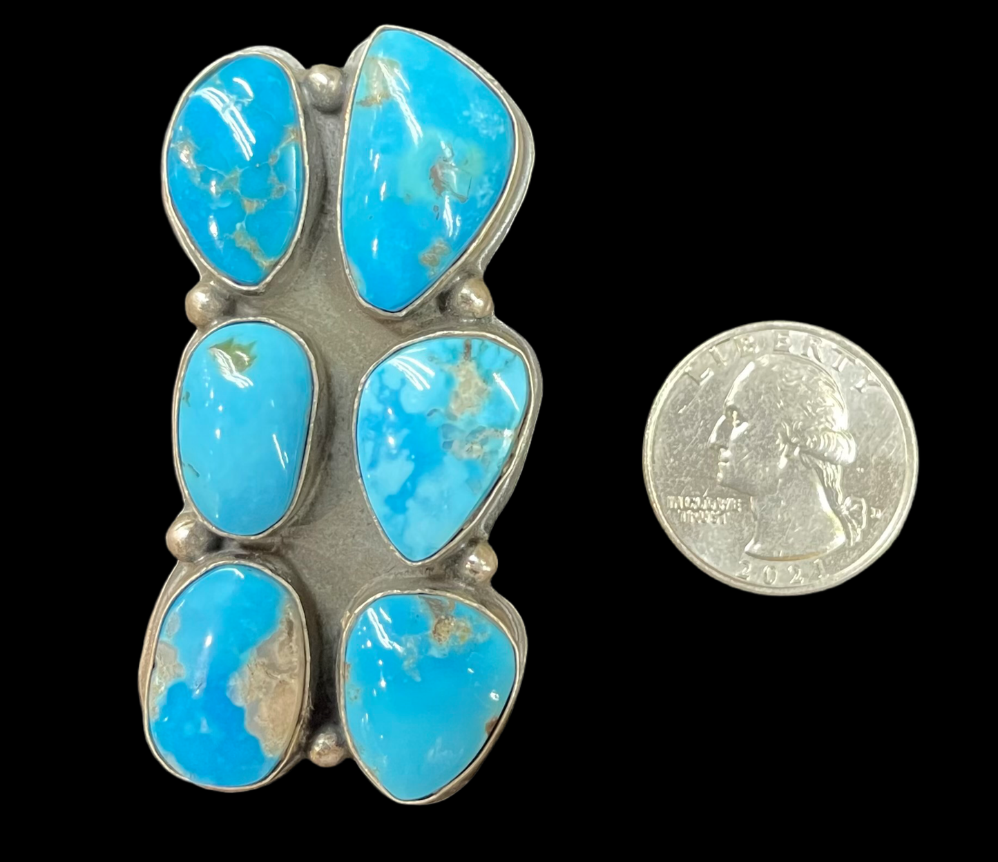 13.0 6 Stone Kingman Turquoise Ring by Gilbert Nez, Navajo