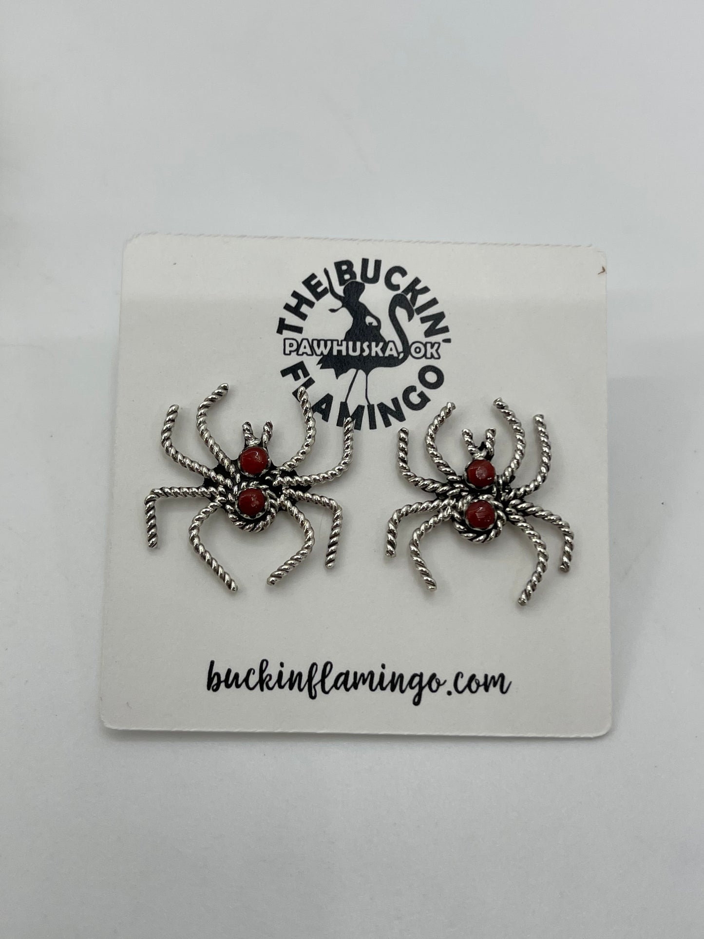 Red Coral Spider Post Earrings by Gilbert Weebothee, Zuni