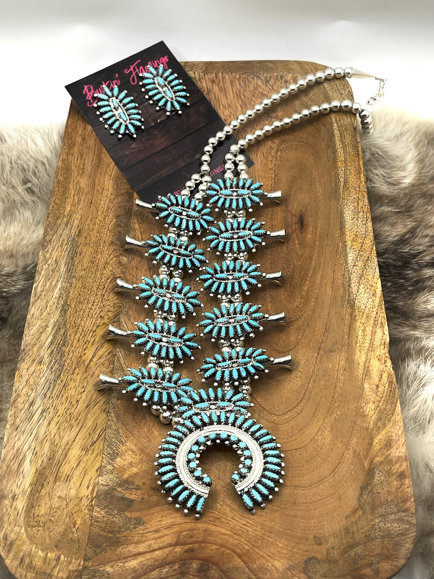 24" Sleeping Beauty Turquoise Needlepoint Squash Blossom & Earring Set by Nathaniel Nez, Navajo