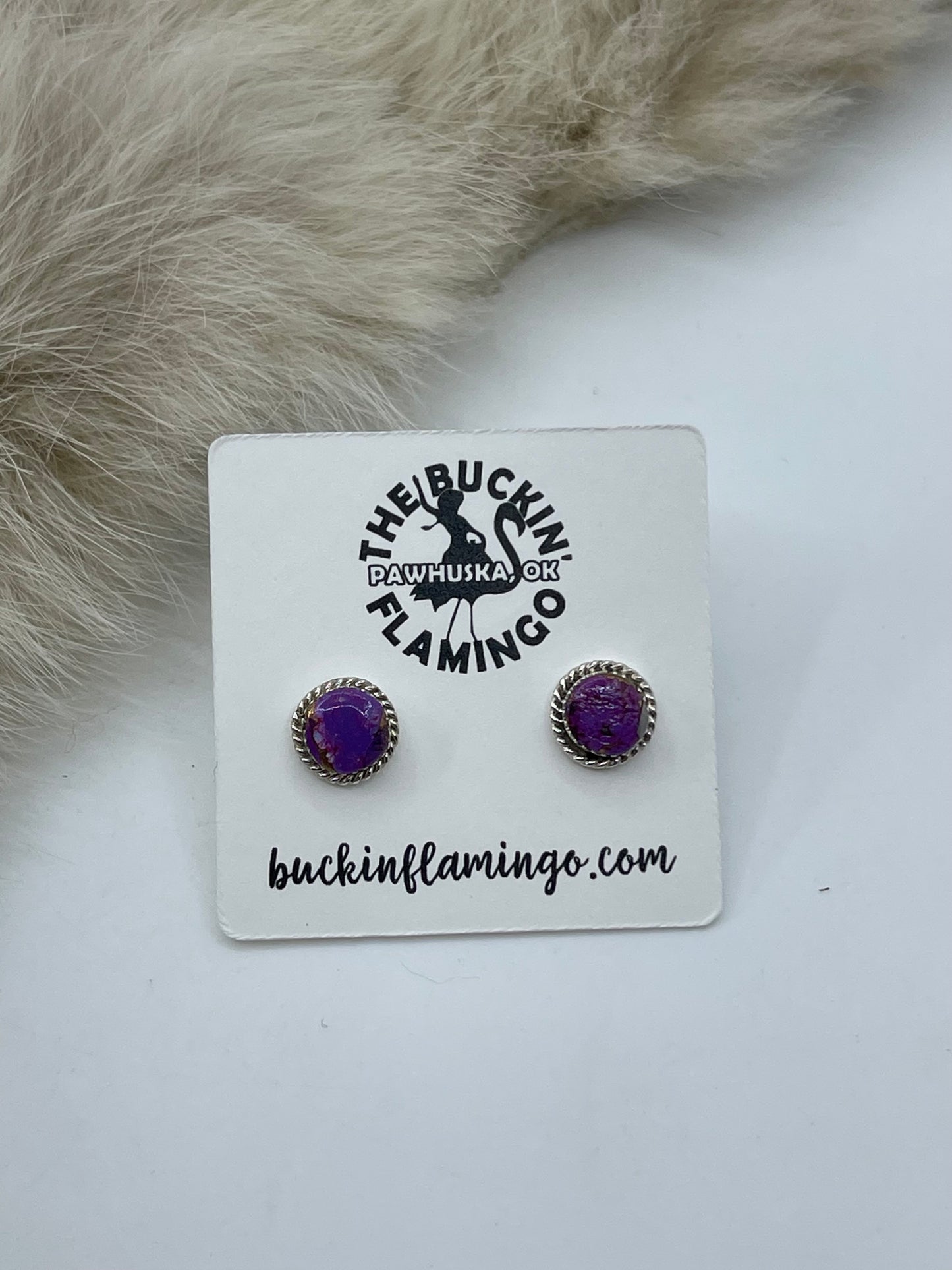 ORANGE CRUSH WITH PURPLE STUD EARRINGS BY MARCHELLE QUALO, ZUNI