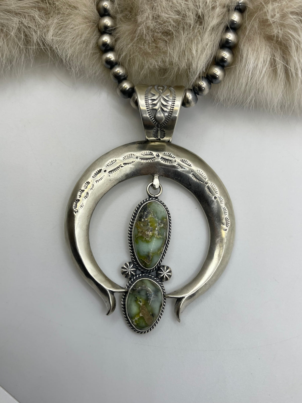 18" 6mm Navajo Style Pearls 2 Stone Palomino Turquoise Naja Pendant by Derrick Gordon, Navajo