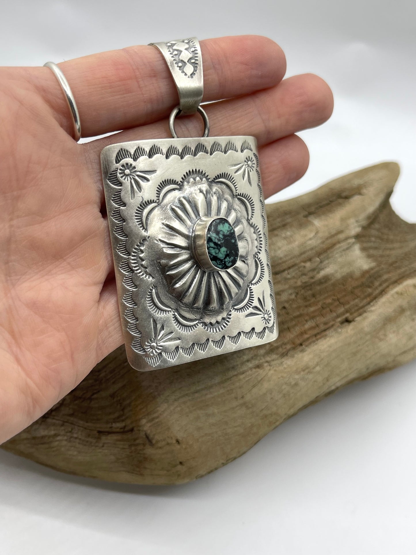 Mantis Turquoise Square Concho Pendant with a 13.5mm Bale by Delbert Secatero, Navajo