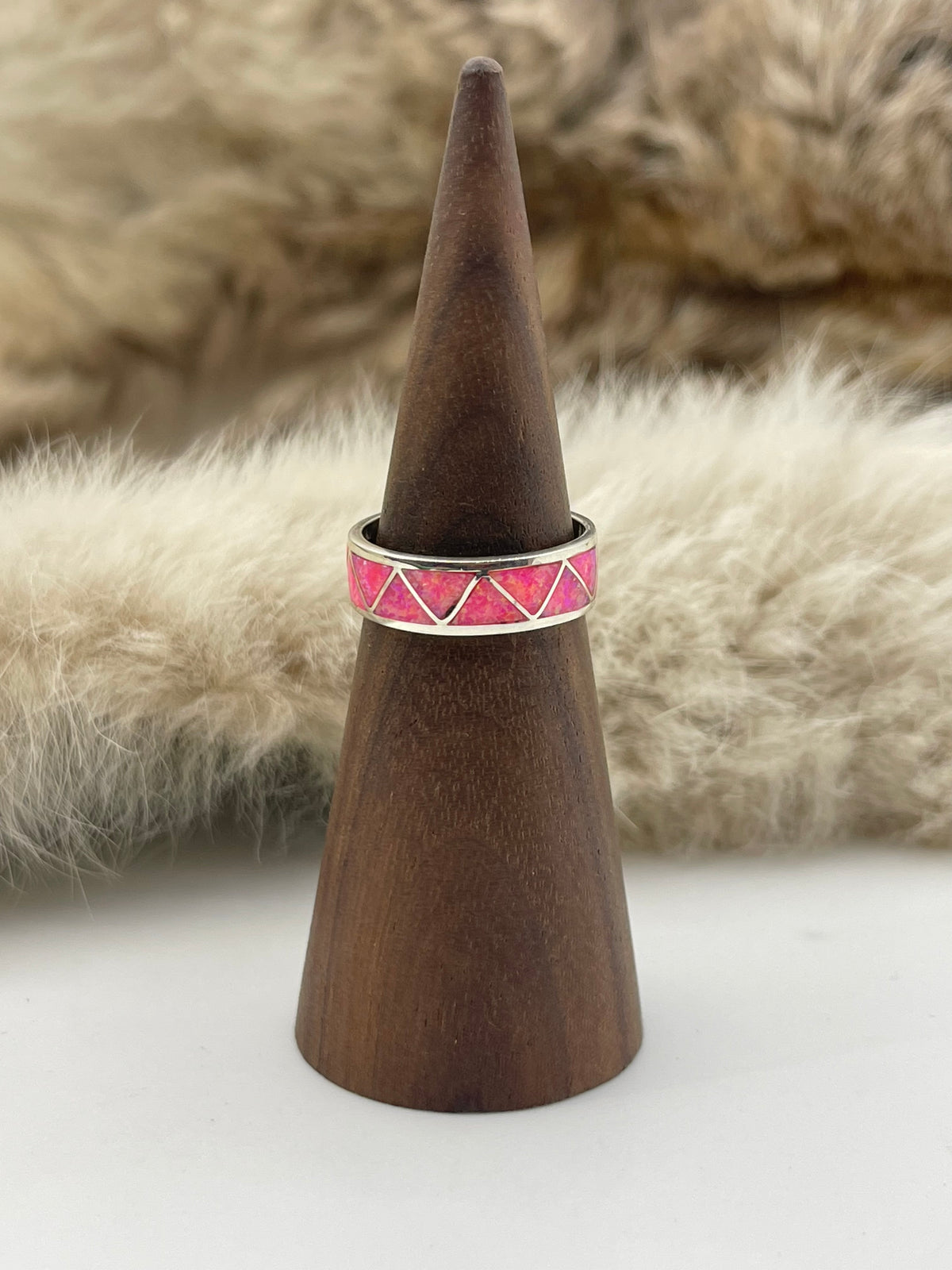 6.0 Hot Pink Opal Zig Zag Inlay Ring by Joann Peina, Zuni