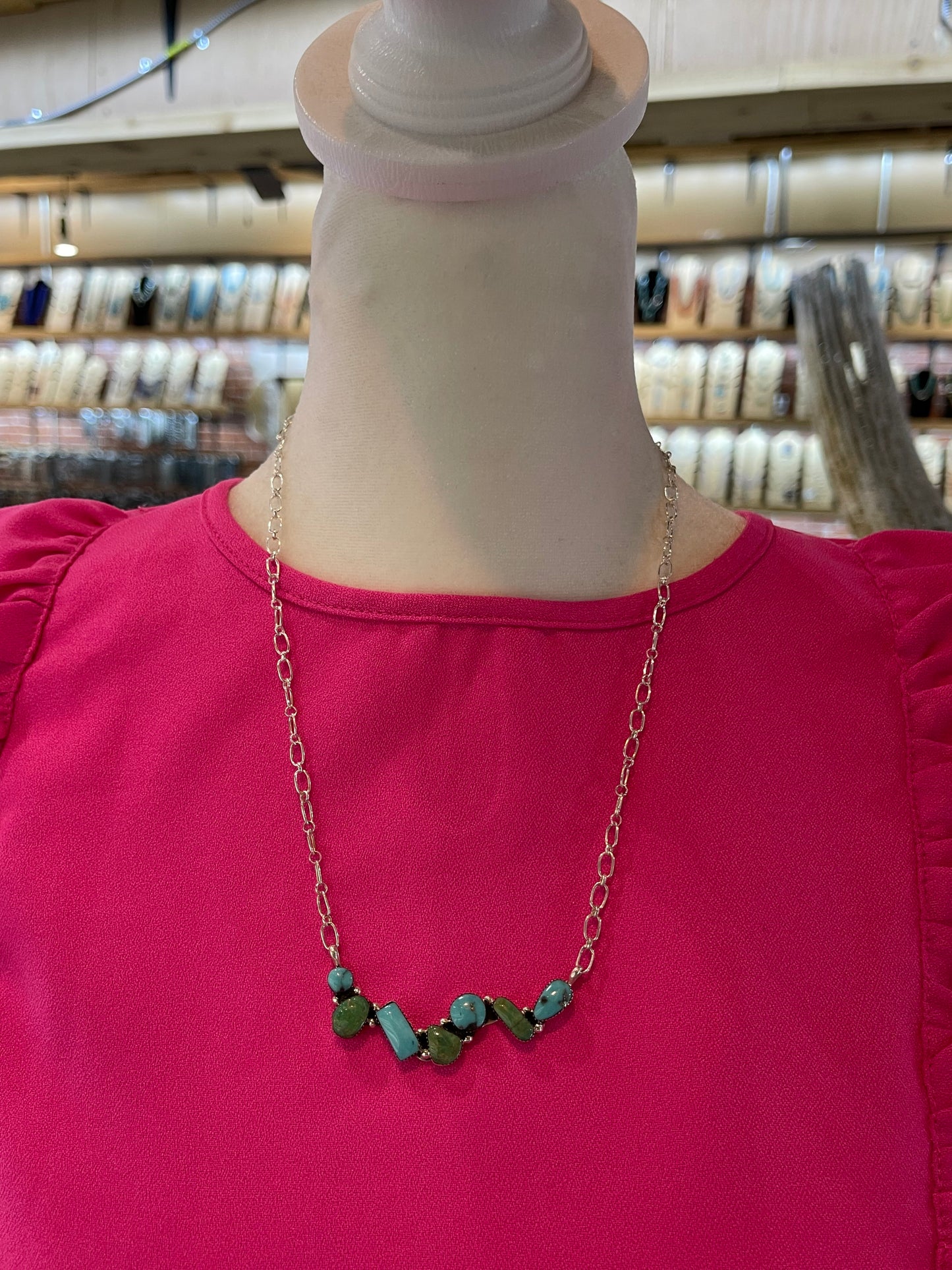 20" Blue and Green Turquoise Necklace by David Lopez, Navajo