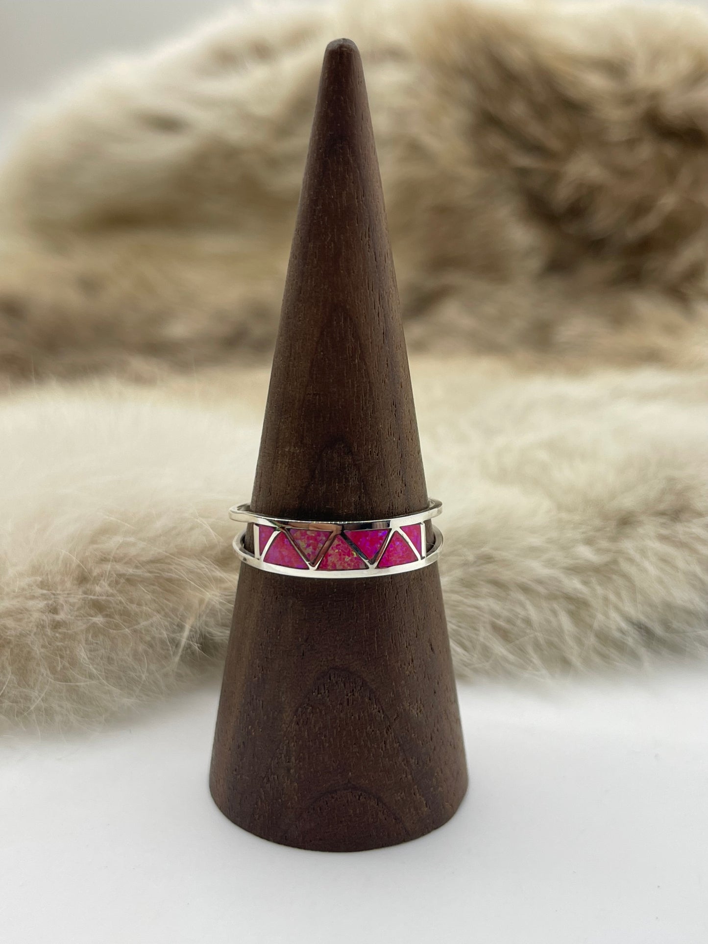 10.5 Hot Pink Opal Zigzag Inlay Band by Joann Peinas, Zuni