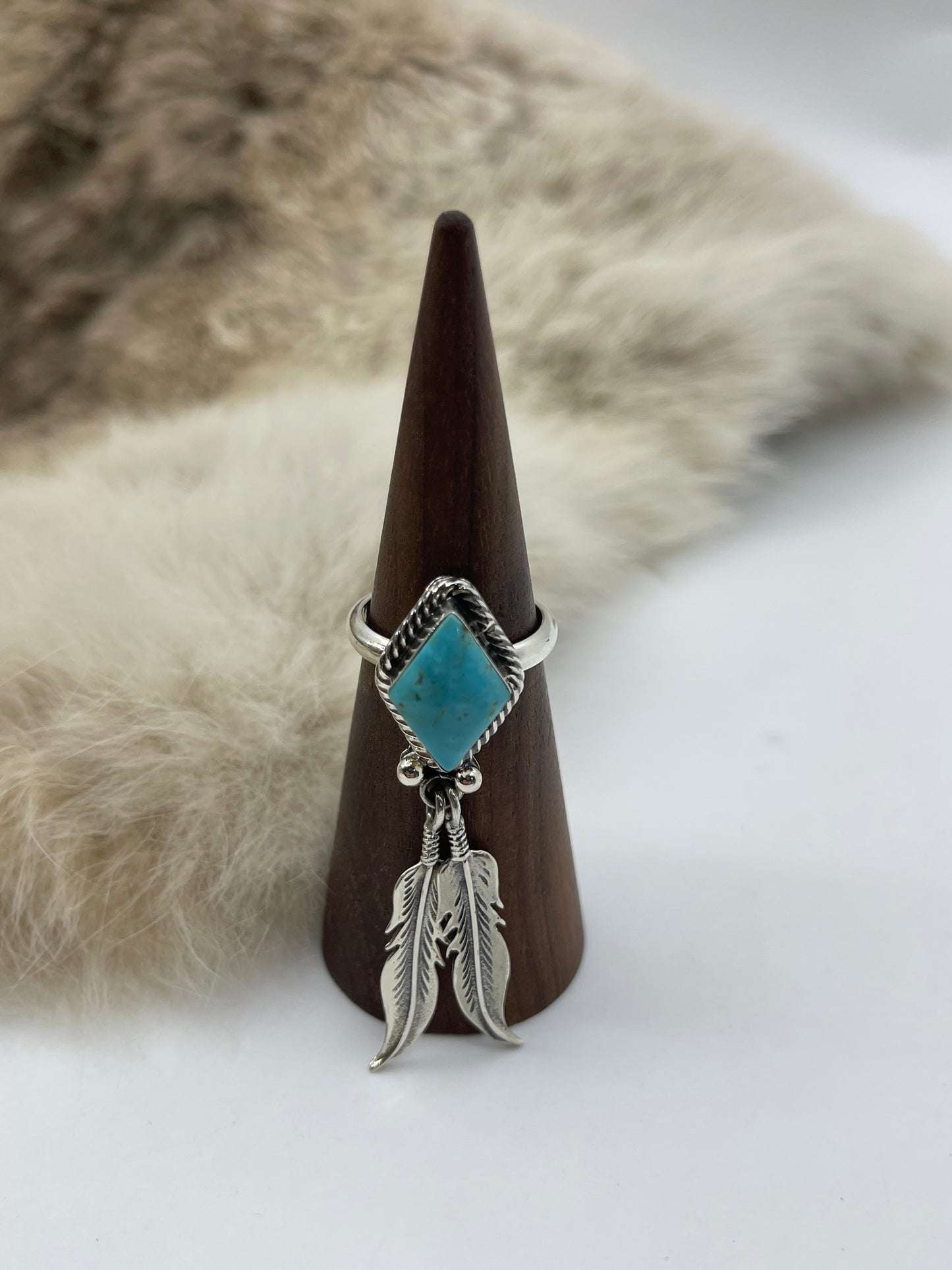 7.0 Turquoise Ring with Feathers by Jerome Lee, Navajo