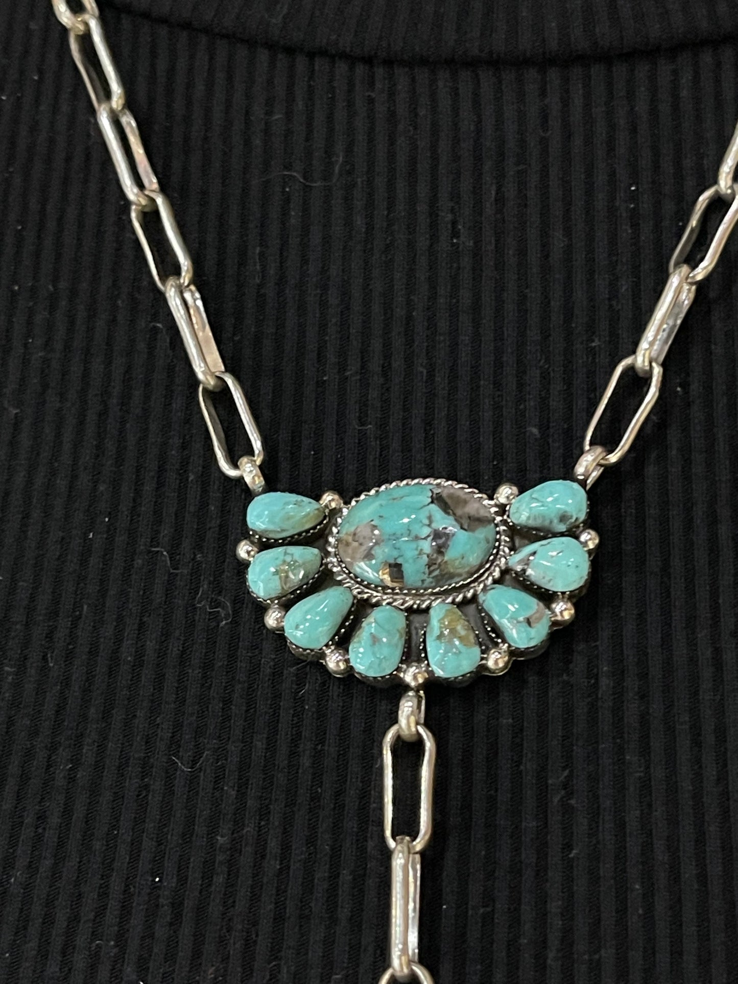 18"+6" Turquoise Half Cluster Lariat Necklace by Gregg Yazzie, Navajo