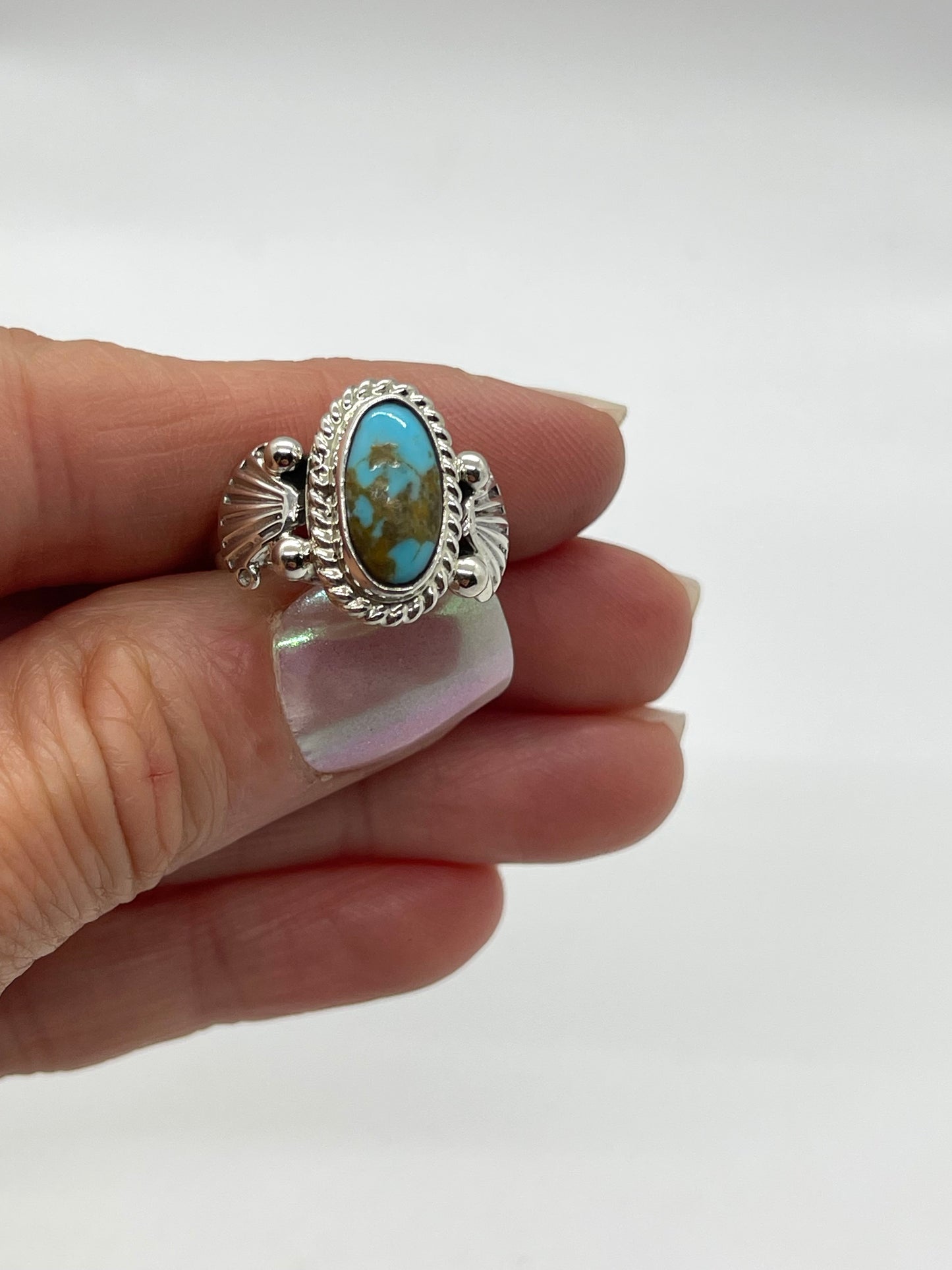 8.0 Turquoise Oval Ring by Alice Sanders, Navajo