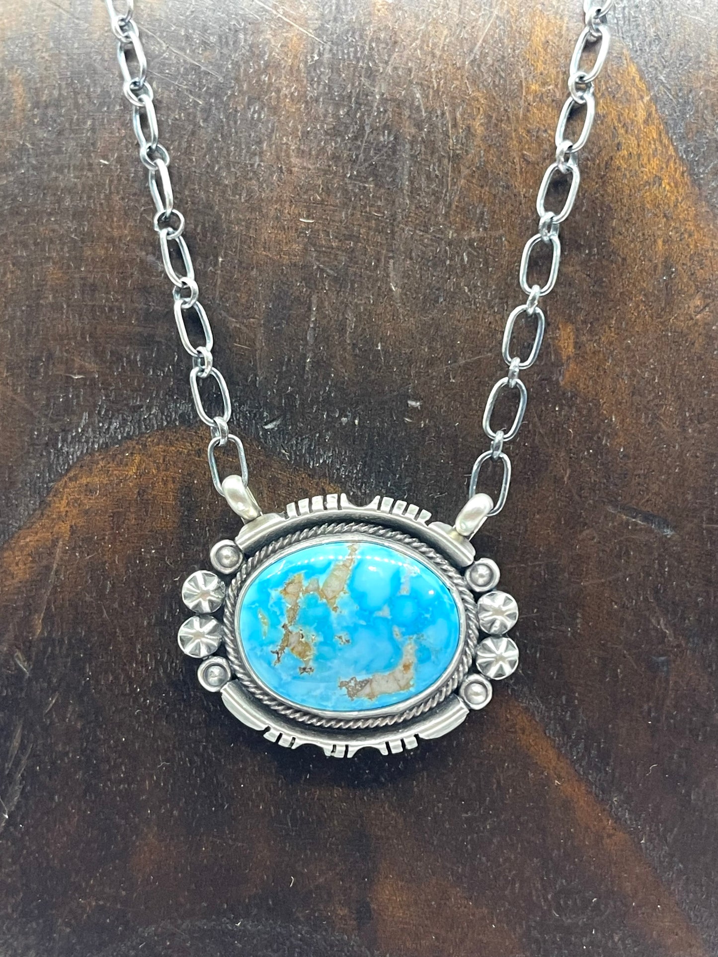 17" Kingman Turquoise Oval Stone Necklace by Marita Benally, Navajo