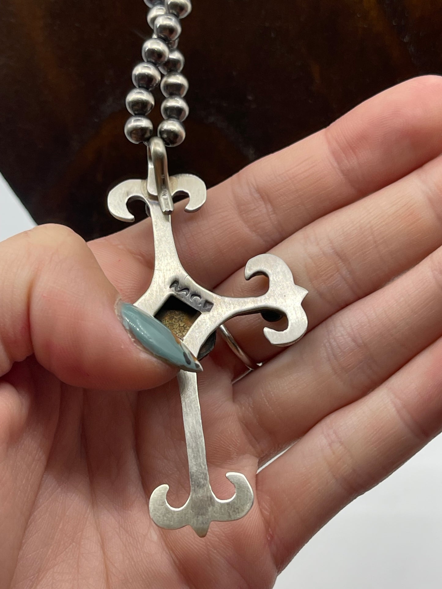 18" 5mm Navajo Pearls with a Turquoise Cross by Martha Cayatineto, Navajo