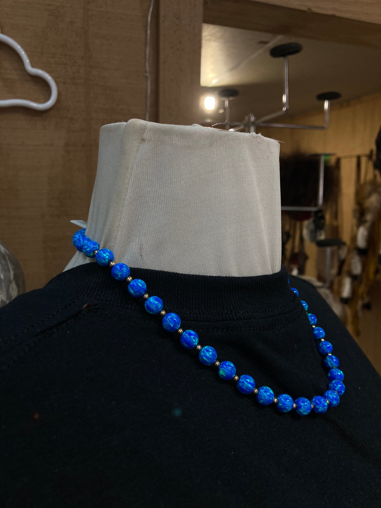 18" 14K Solid Gold and 8mm Blue Opal Beads Necklace