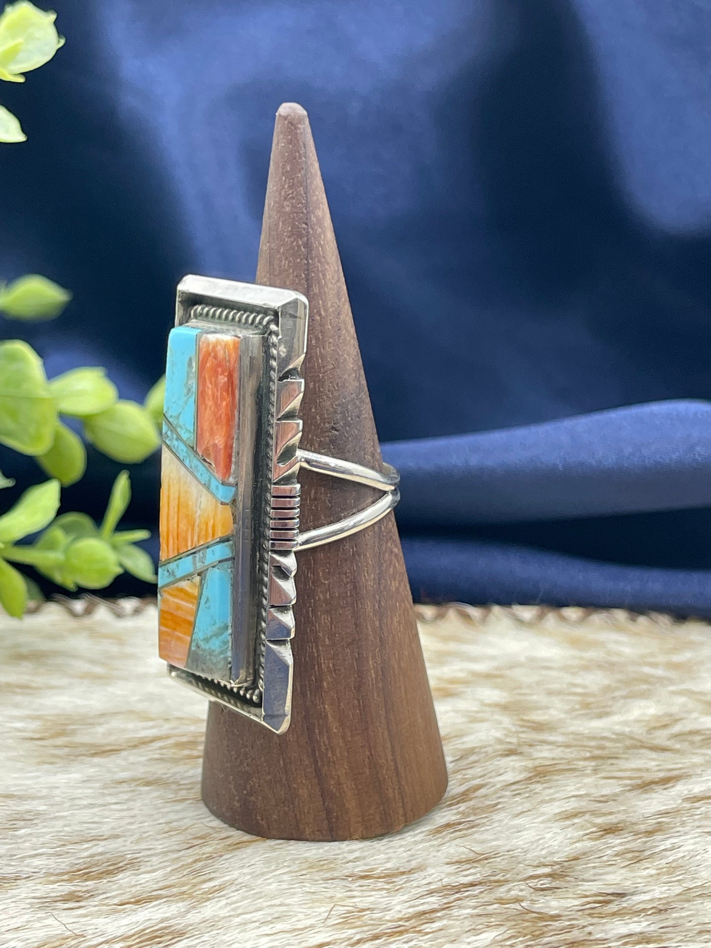 9.0 Orange Spiny Oyster & Turquoise Rectangle Inlaid Ring