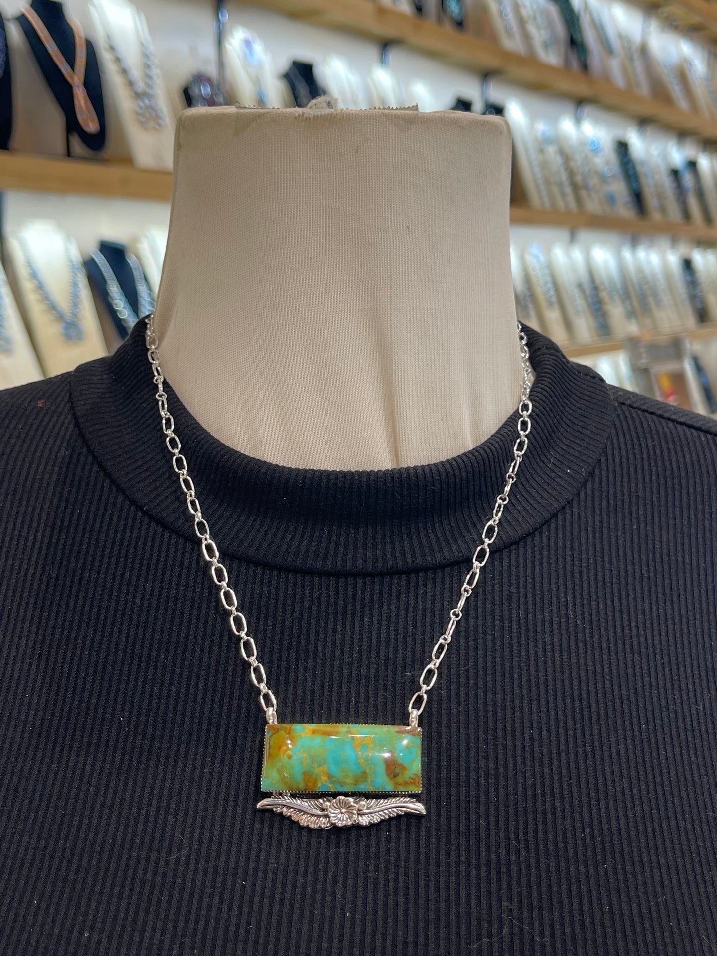 18" Royston Turquoise Bar with Flower & Feathers Necklace by Gregg Yazzie, Navajo