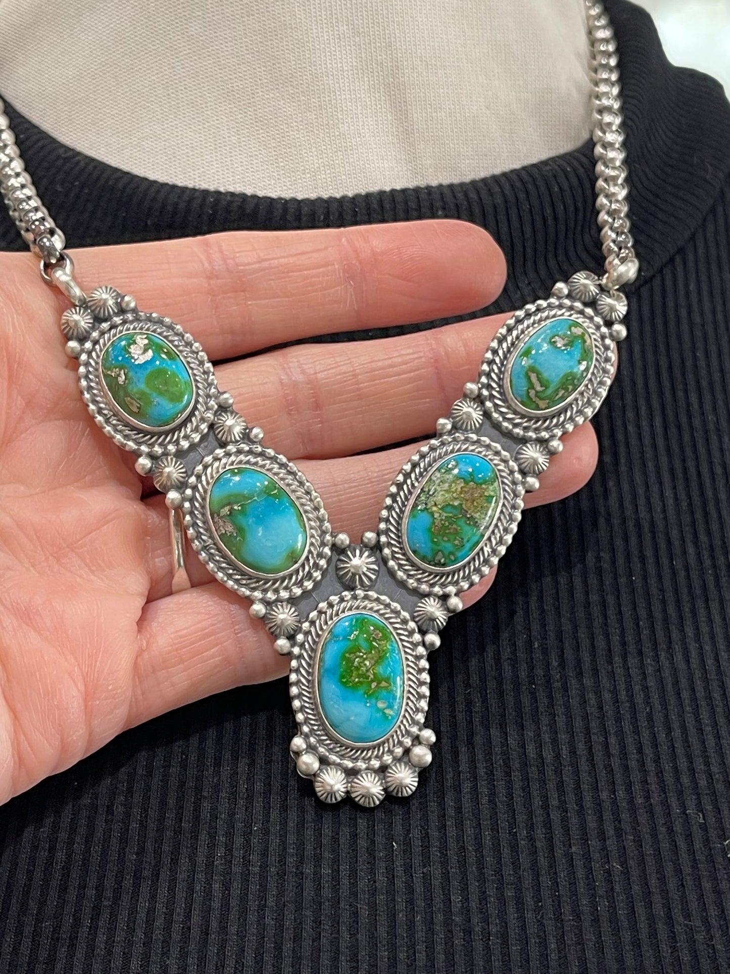 18" 5 Stone Sonoran Gold Turquoise V Style Necklace by Tom Lewis, Navajo