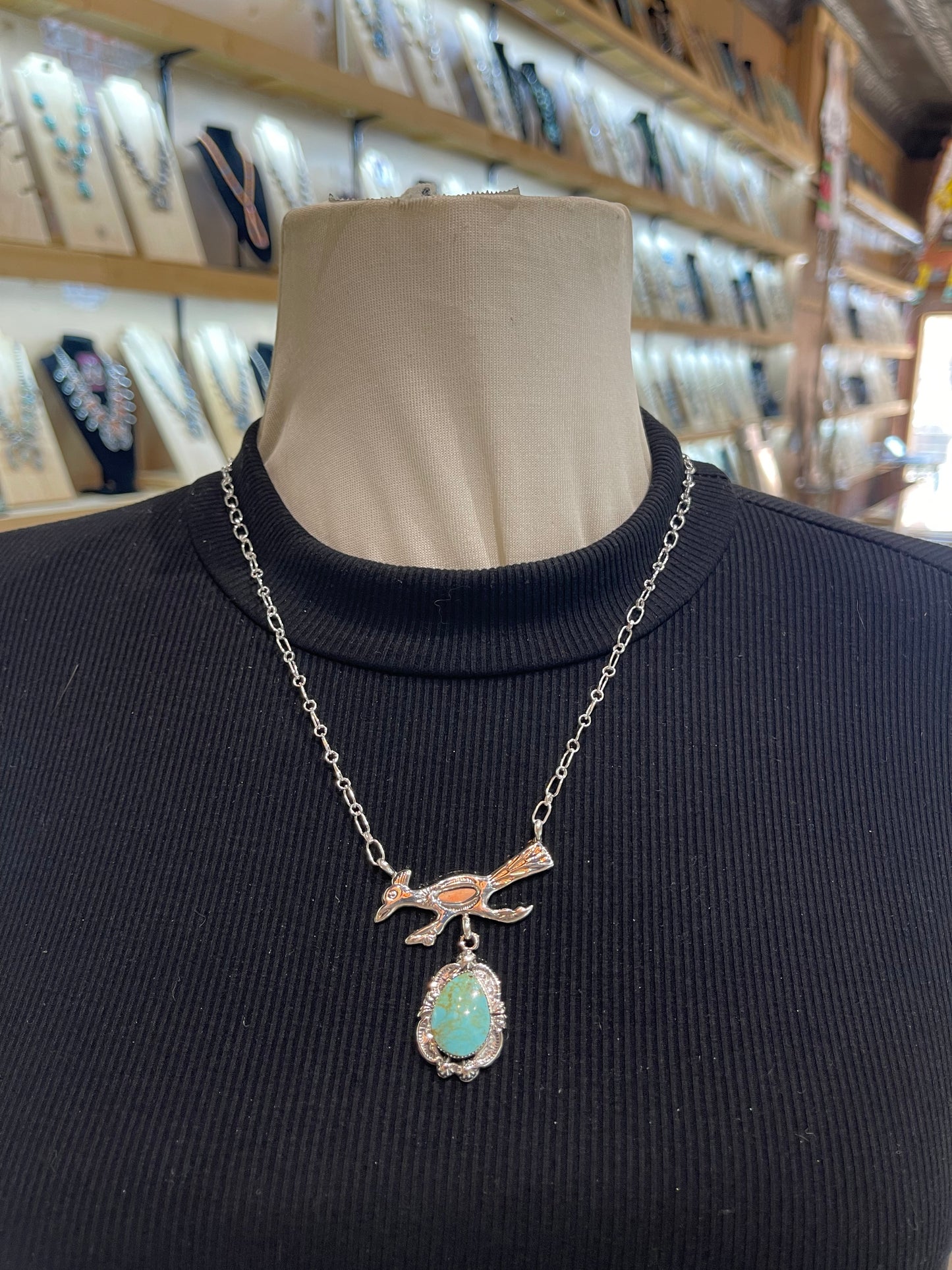 20" Roadrunner with Turquoise Necklace by Michael Yazzie, Navajo