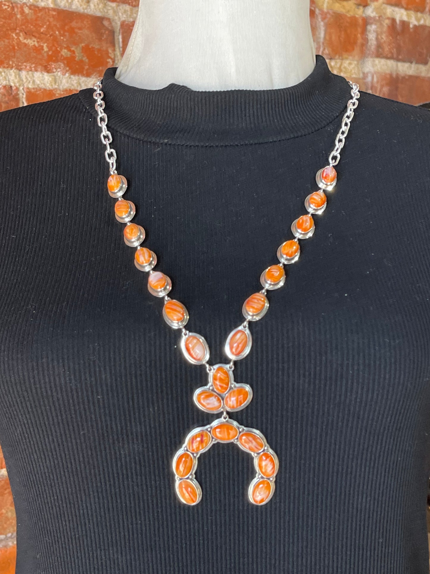 28" Orange Spiny Oyster Shell Lariat Naja Necklace, Navajo Made