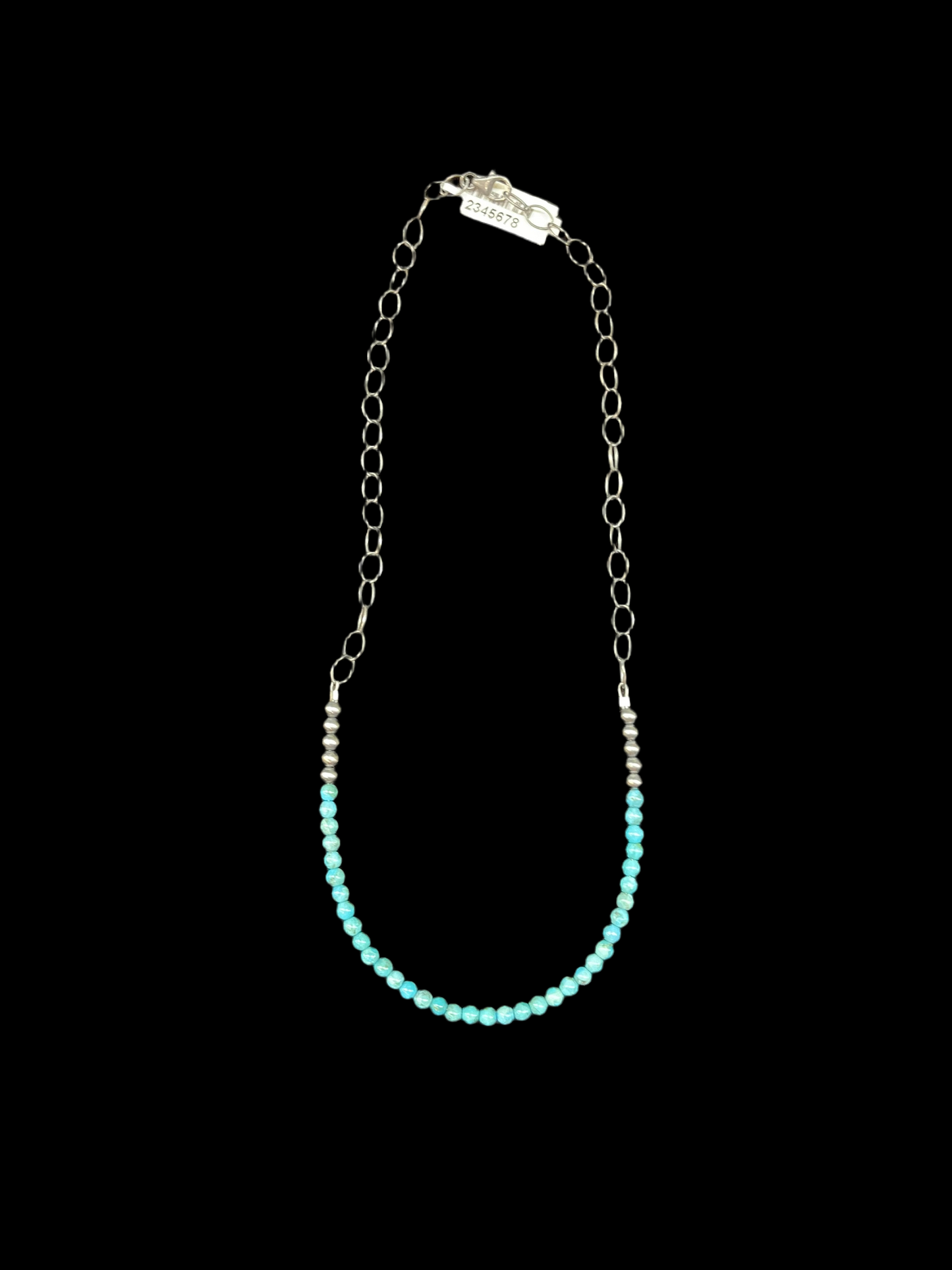 18" 4mm Navajo Style Pearls with Turquoise Beads Chain Link Necklace