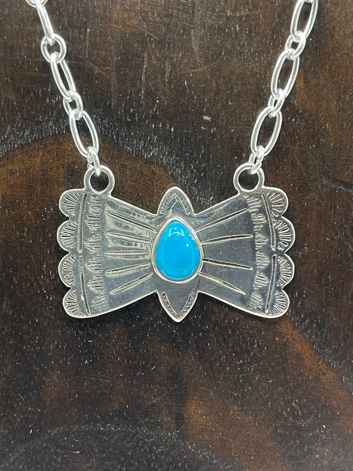 18'' Stamped Concho "Bow Tie" Necklace With Turquoise