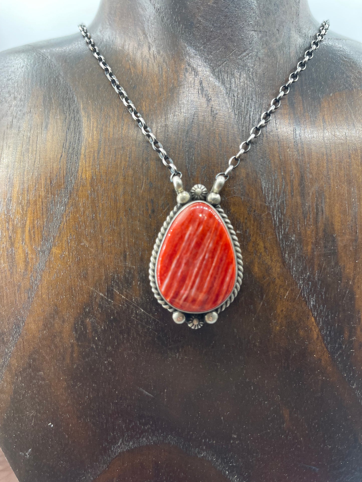 Red Spiny Oyster Shell Teardrop Necklace by Irene Kee, Navajo