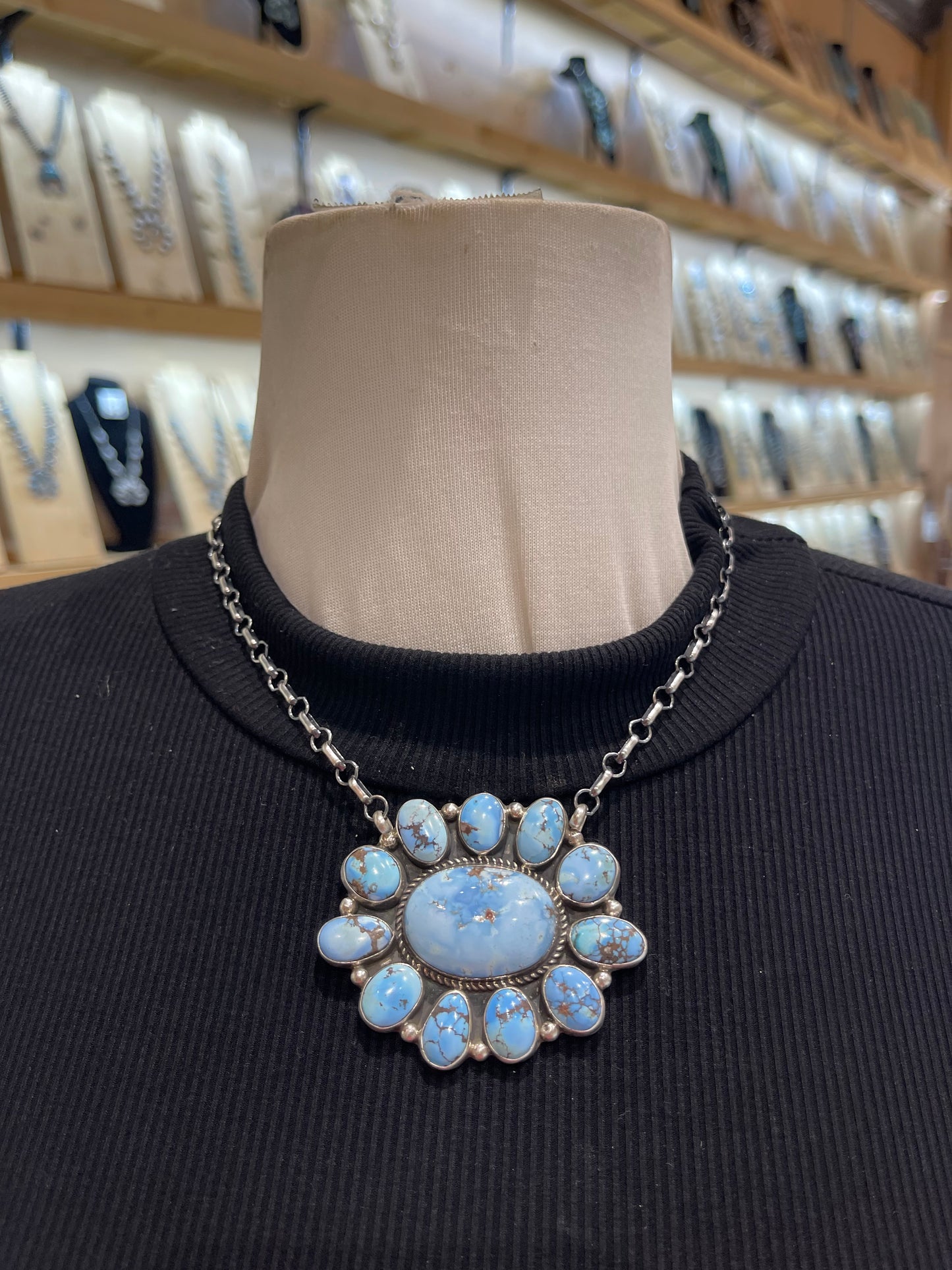 17" Golden Hills Turquoise Cluster Necklace by Geraldine James, Navajo