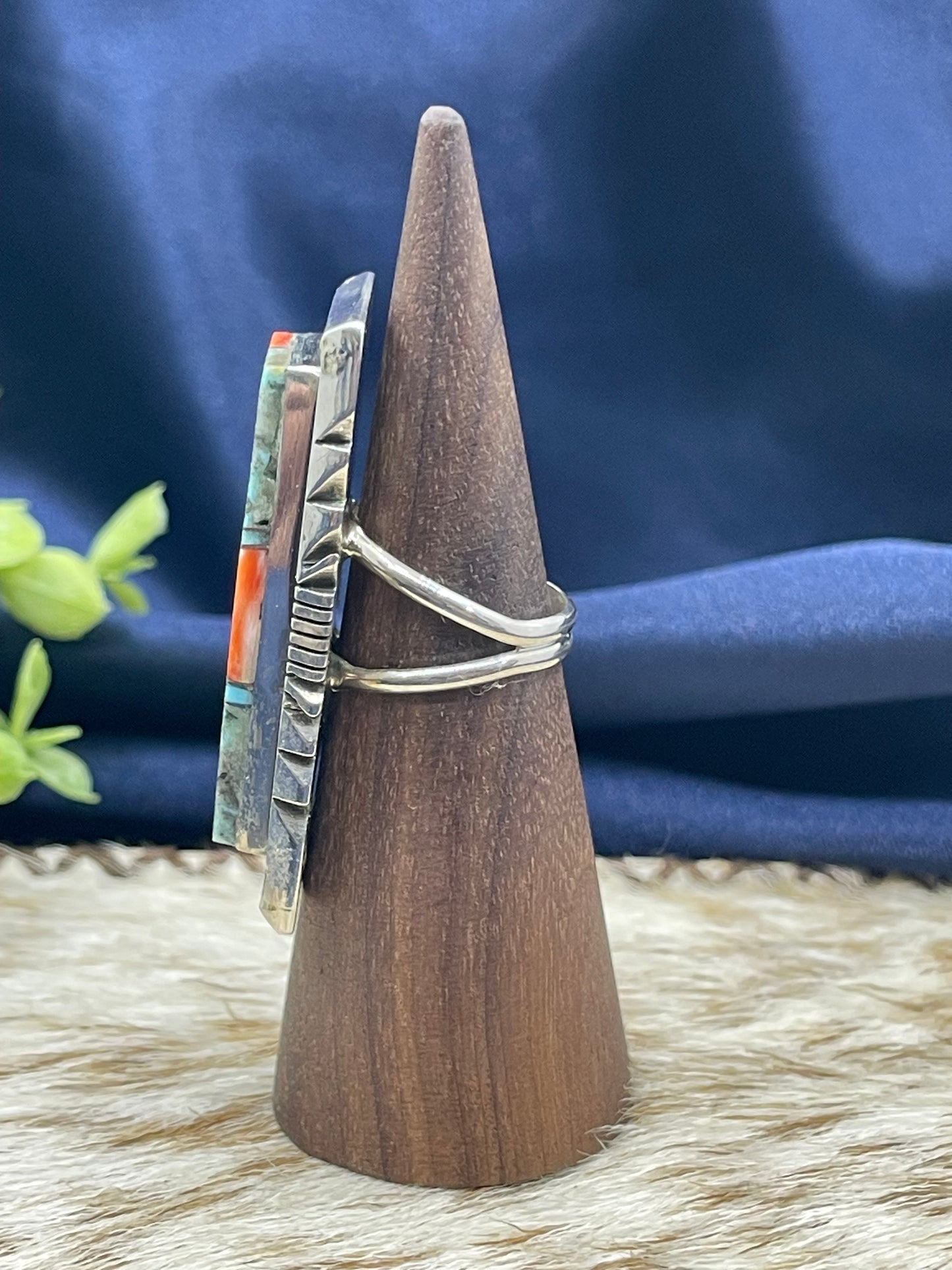 7.0 Orange Spiny Oyster & Turquoise Inlaid Rectangle Ring