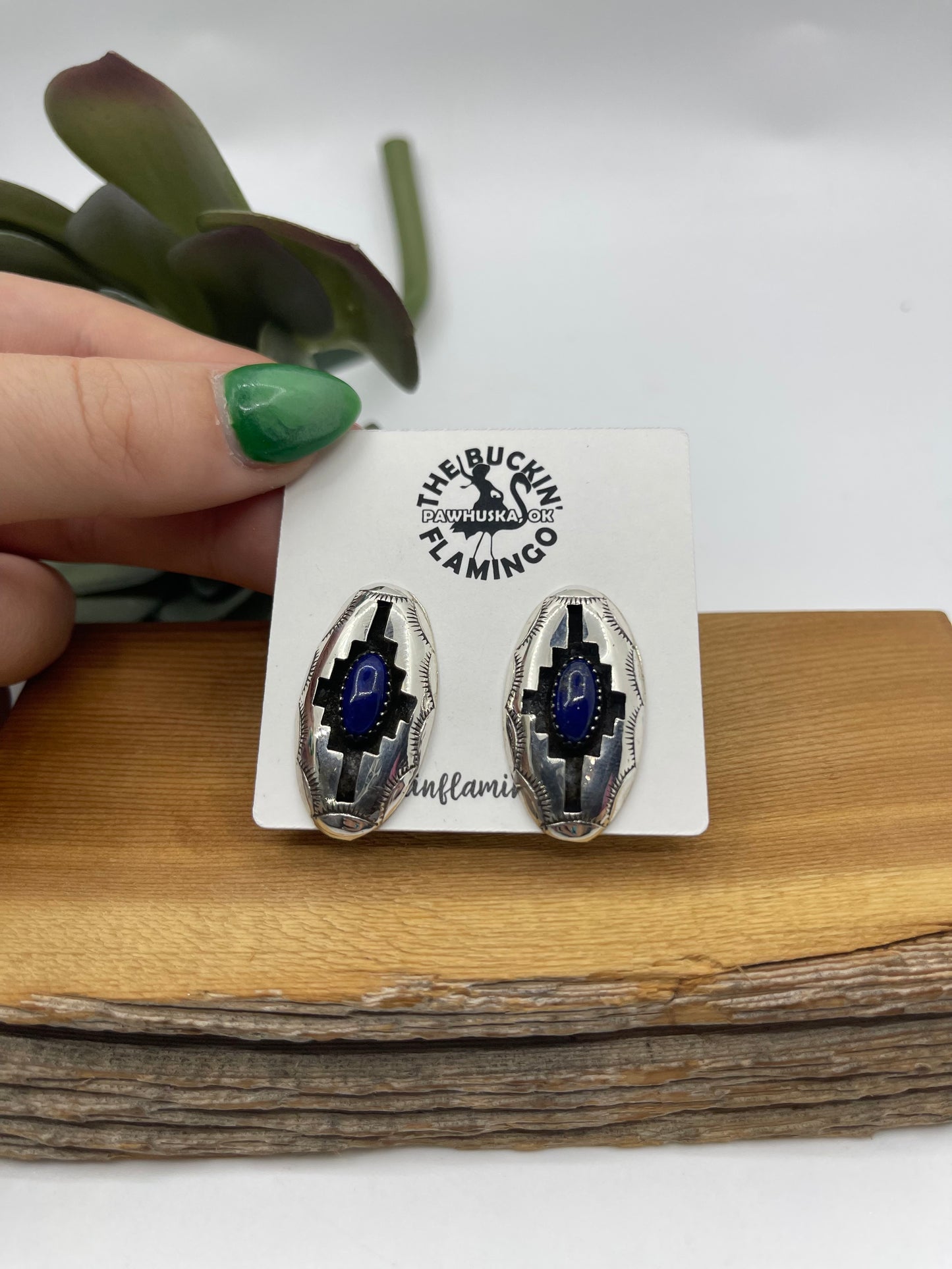 Oval Lapis Shadowbox Post Earrings by Felix Perry, Navajo