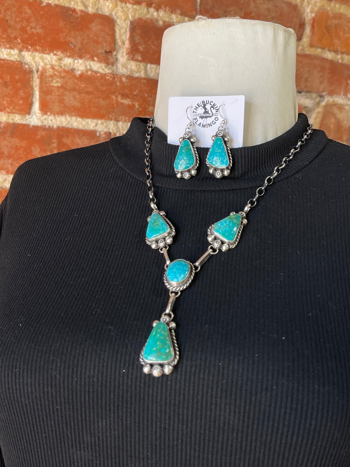 Kingman Turquoise Lariat Necklace and Earrings Set by Augustine Largo, Navajo