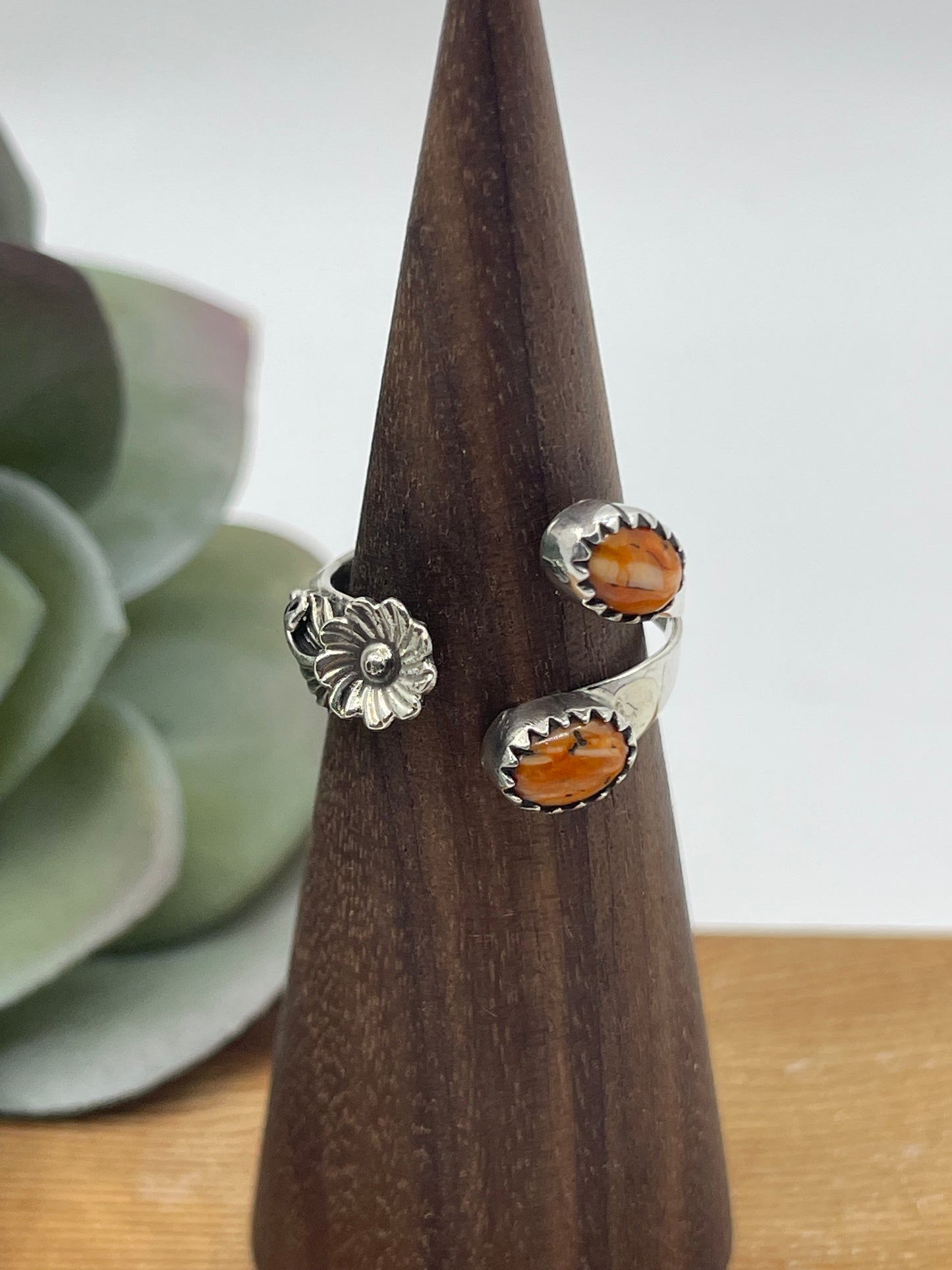 Adjustable 2 Stone Orange Spiny Oyster Shell Ring by Robert Martinez, Navajo