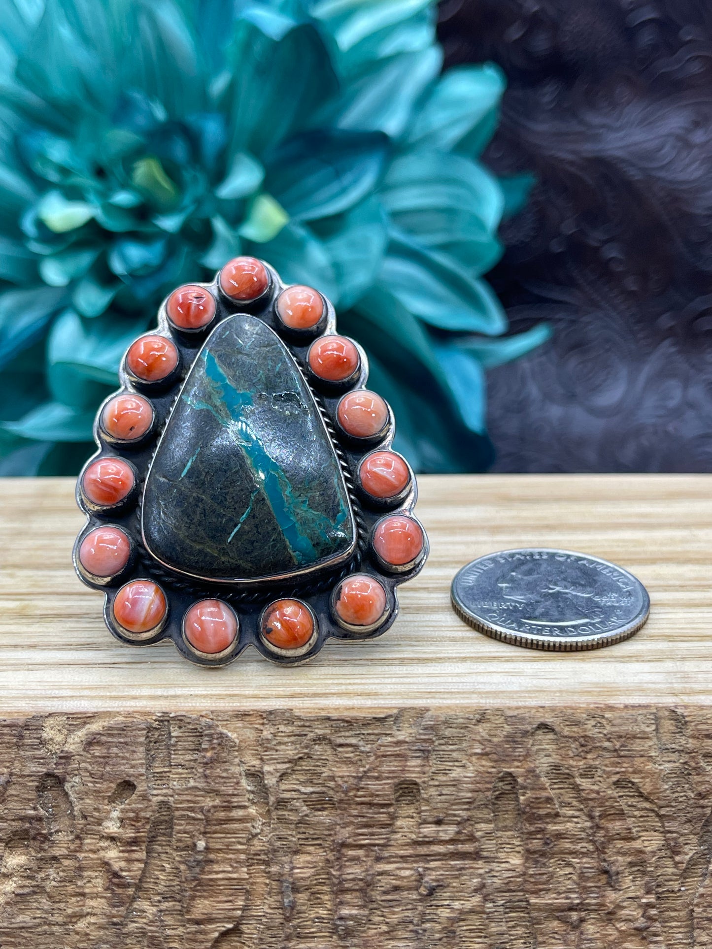 Ribbon Turquoise & Orange Spiny Oyster Ring