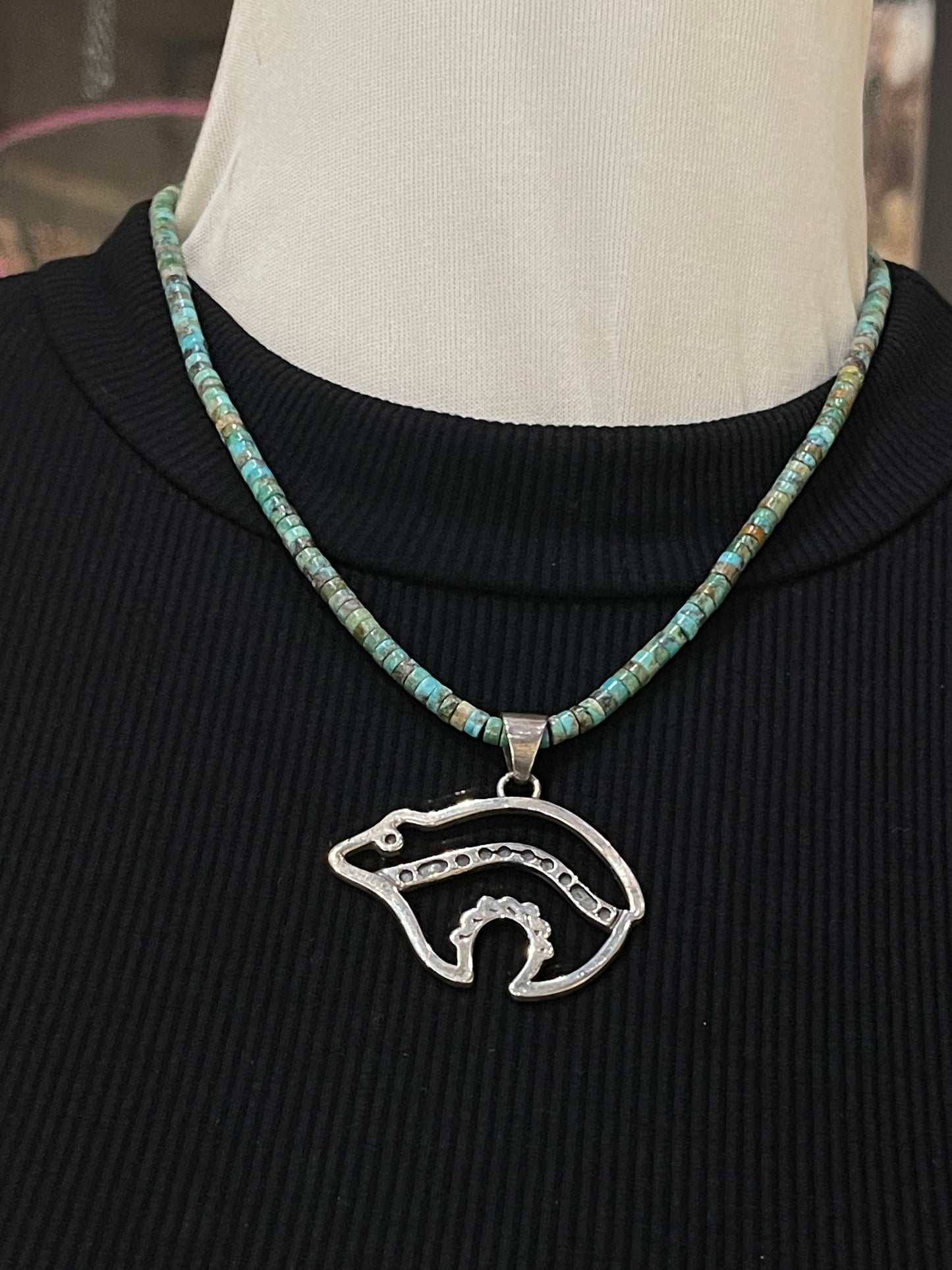 Stamped Silver Bear Pendant on 17" Turquoise Heishi Bead Necklace