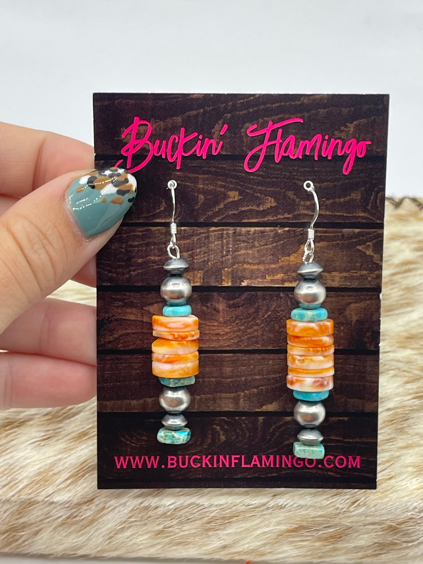 10mm Orange Spiny Oyster Heishi Beaded Dangle Earrings with Turquoise and Navajo Pearls by Isabelle John, Navajo