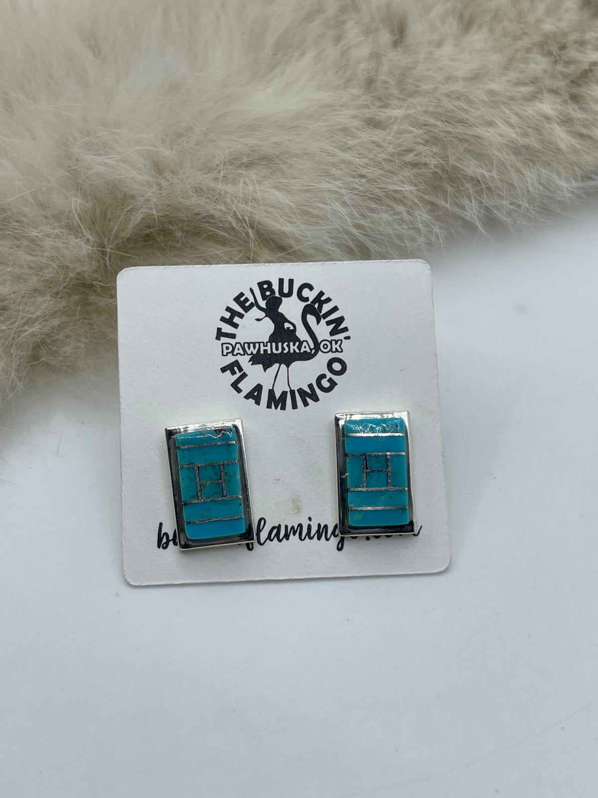 Inlay Turquoise Rectangle Post Earrings by Janelle Shebola, Zuni