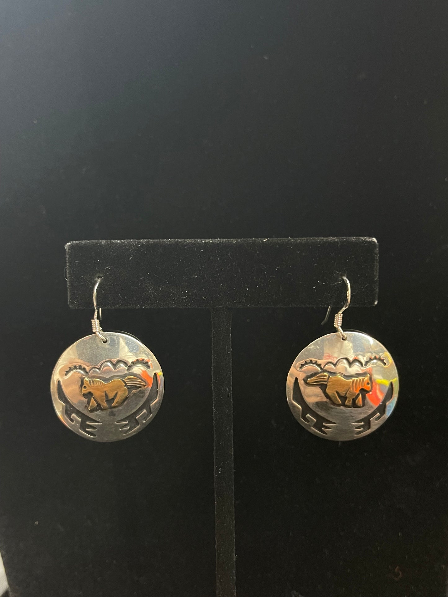 Sterling Silver and Brass Stamped Dangle Earrings by T & R Singer, Navajo