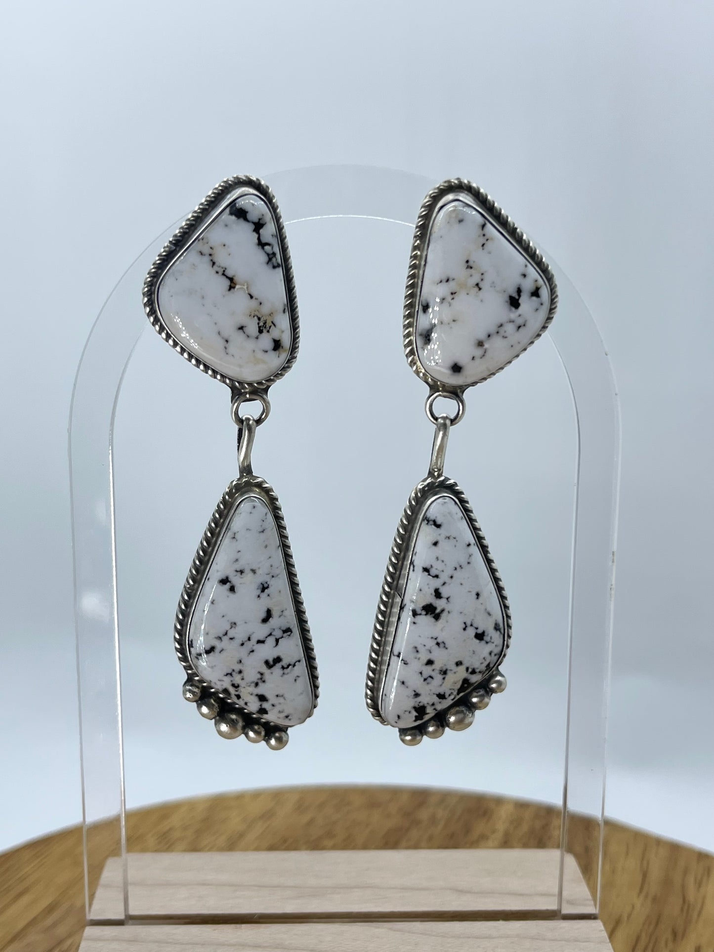 2 Stone White Buffalo Drop Dangle Post Earrings by Judith Dixon, Navajo