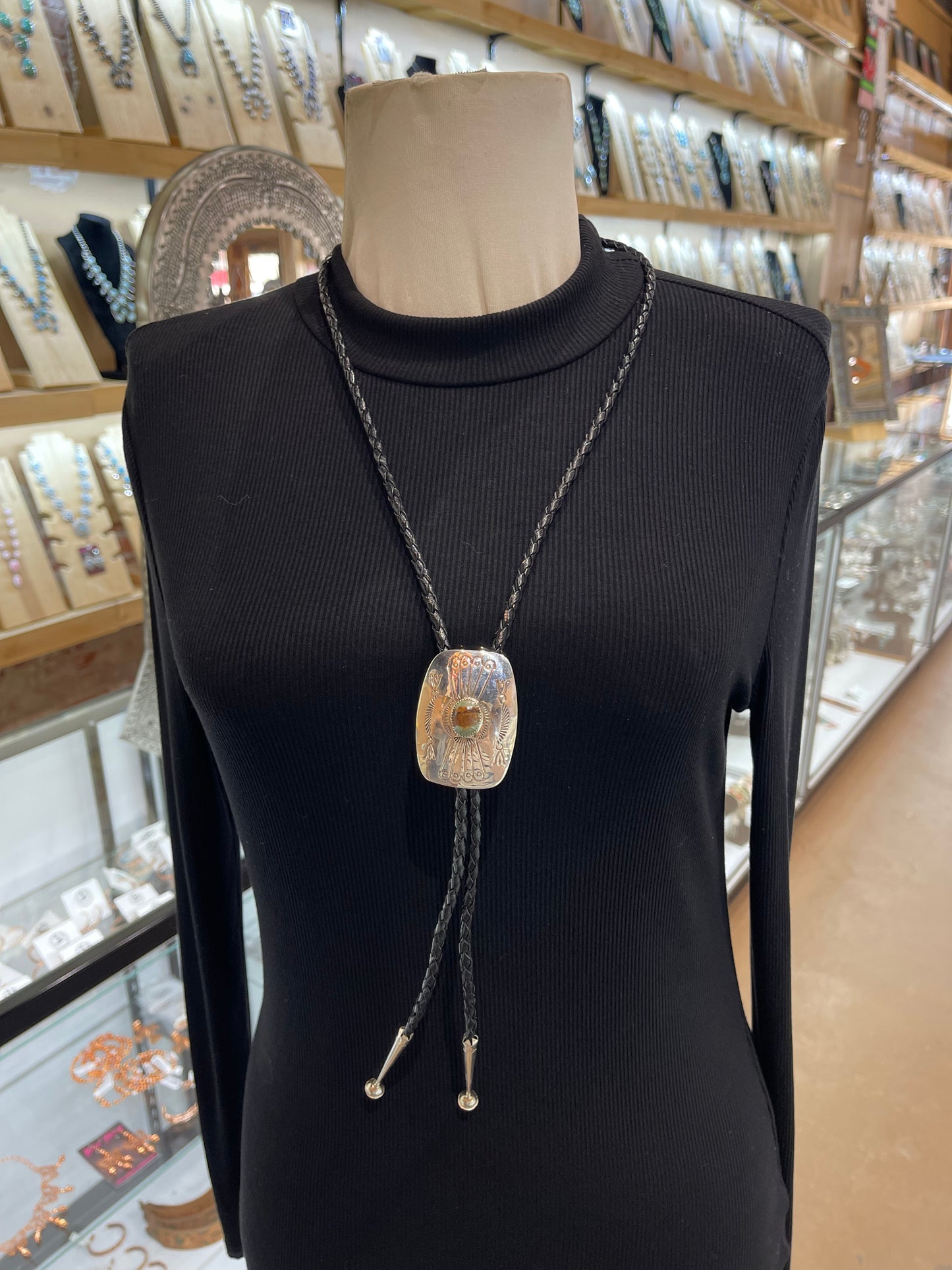 Stamped Silver Bolo Tie with Kingman Turquoise by Jolene Begay, Navajo