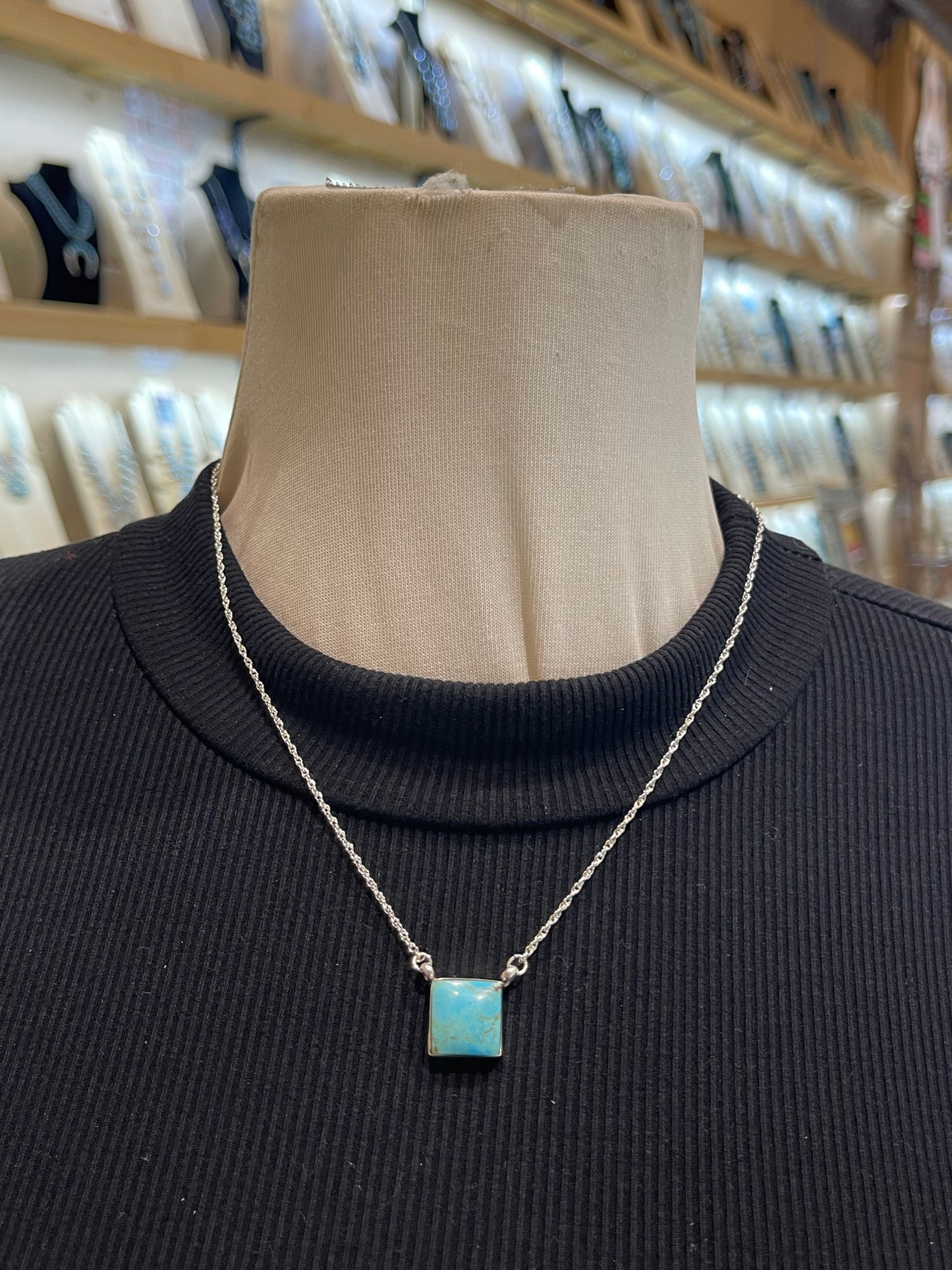 18" Kingman Turquoise Square Necklace by Ryntanna Yazzie, Navajo