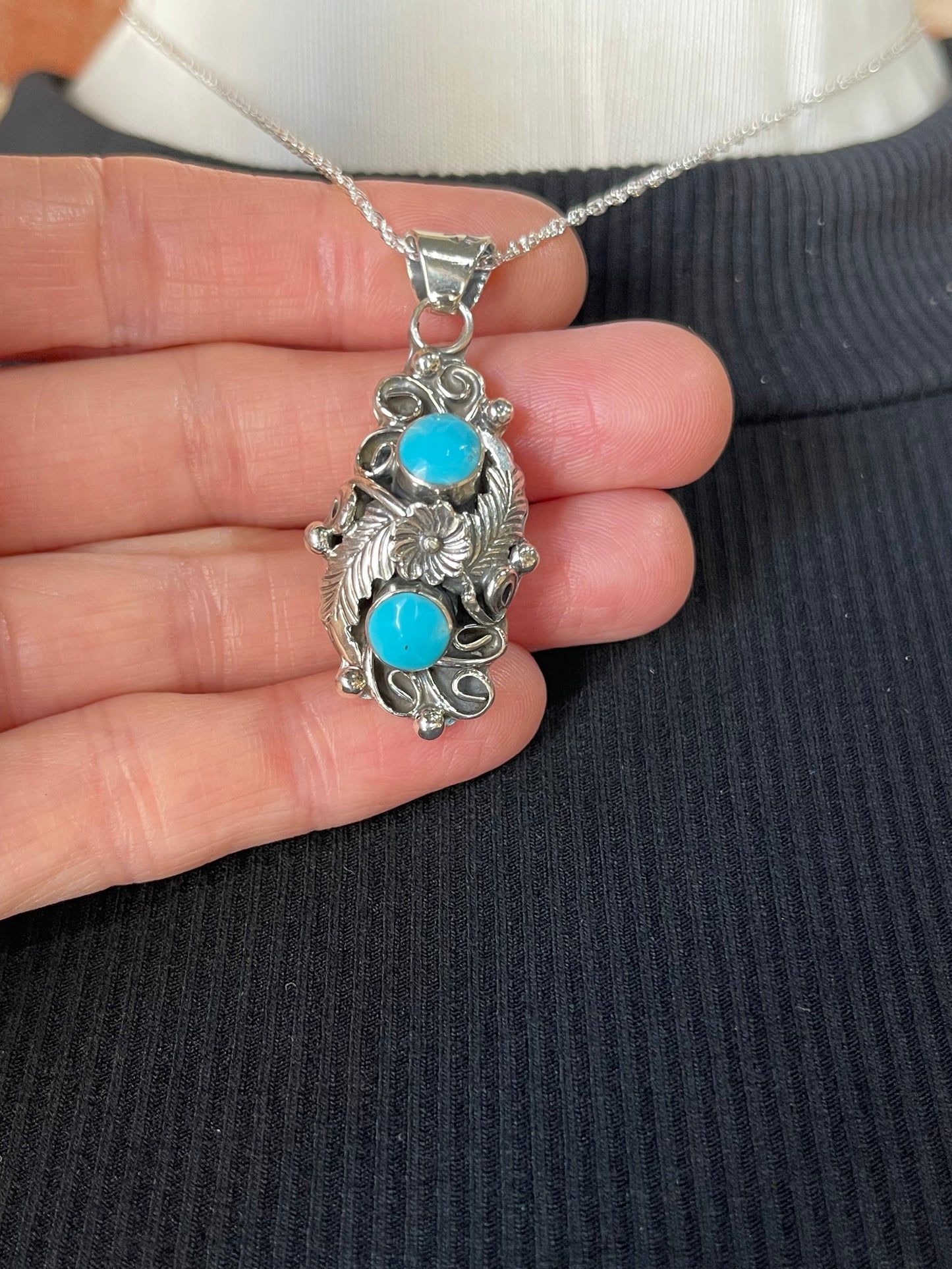 16" Two Stone Turquoise Floral Pendant Necklace by C. Yazzie, Navajo