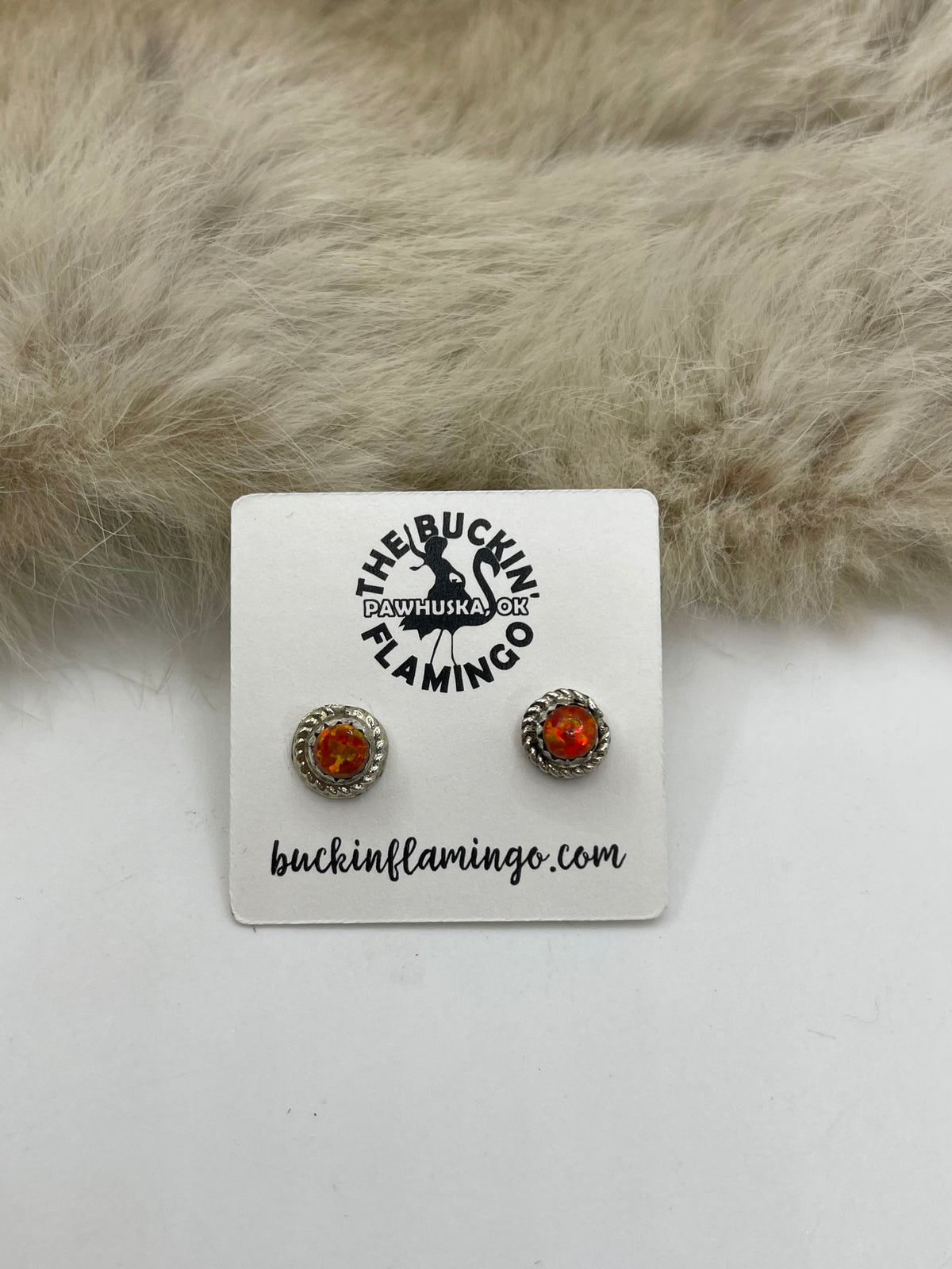 Round Orange Opal Post with Rope Border Earrings by M. Hannahweeke, Zuni