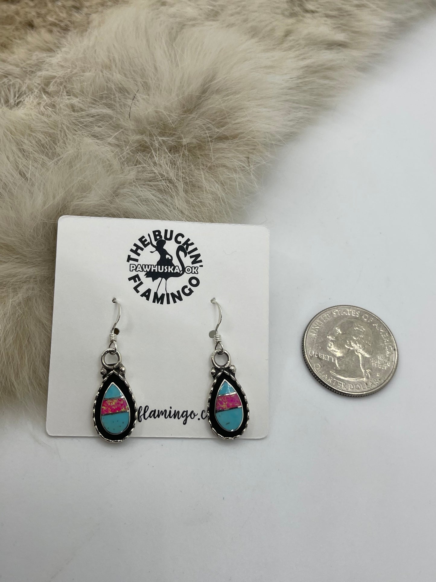 Turquoise & Pink Opal Teardrop Earrings by Faye Lowsayatee, Zuni