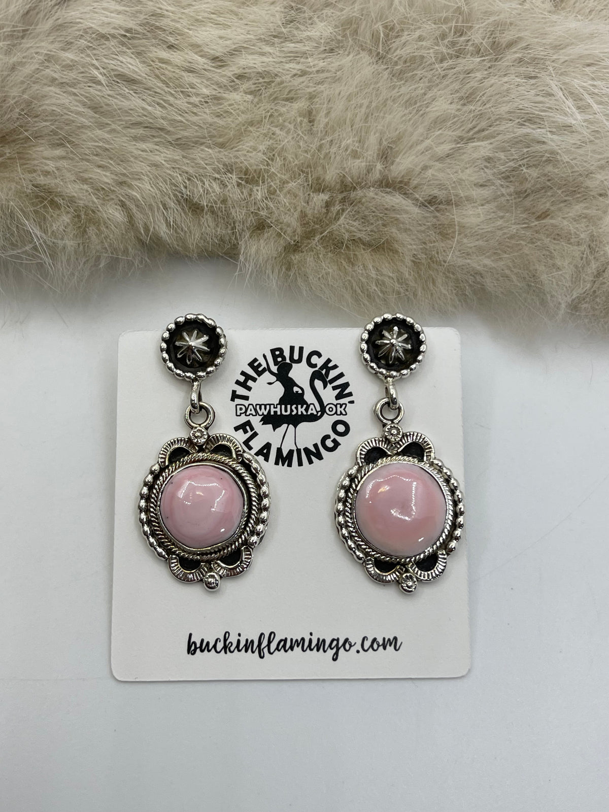 Pink Conch Shell Dangle Earrings by Sheena Jack, Navajo