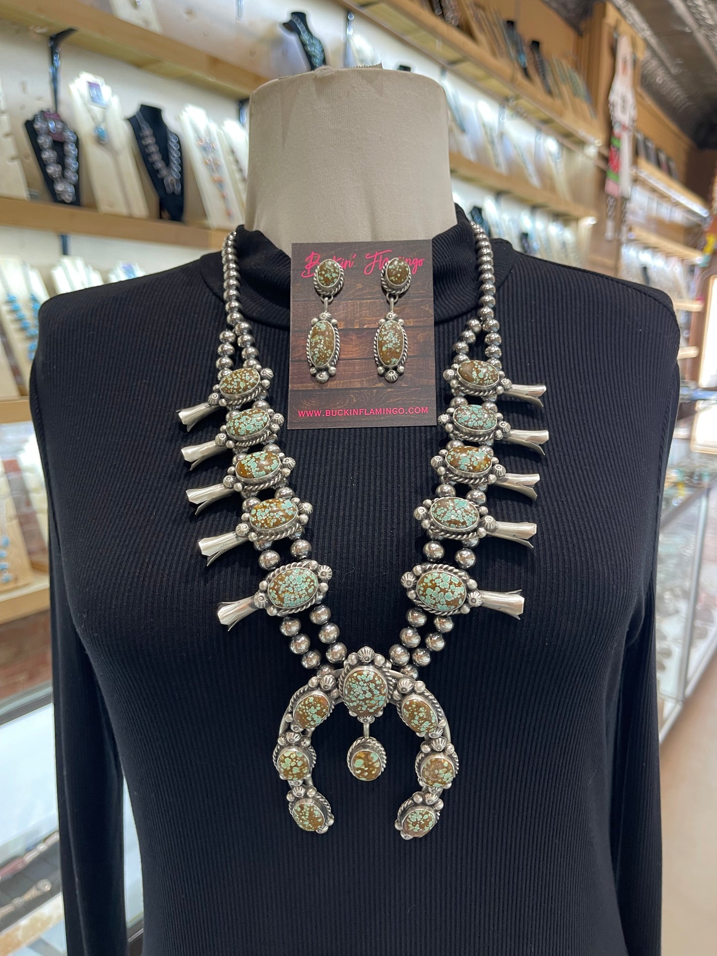 28”+4” #8 Turquoise Squash Blossom& Earring Set by Augustine Largo, Navajo