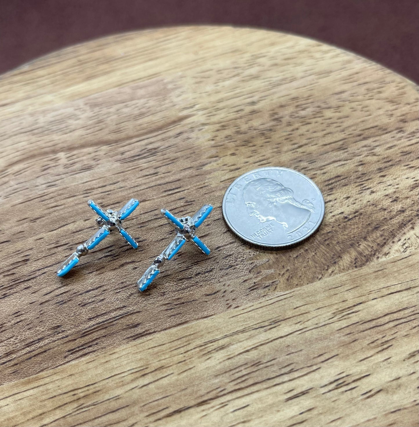 Sleeping Beauty Turquoise Needlepoint Cross Post Earrings by Olivia Pinto, Zuni