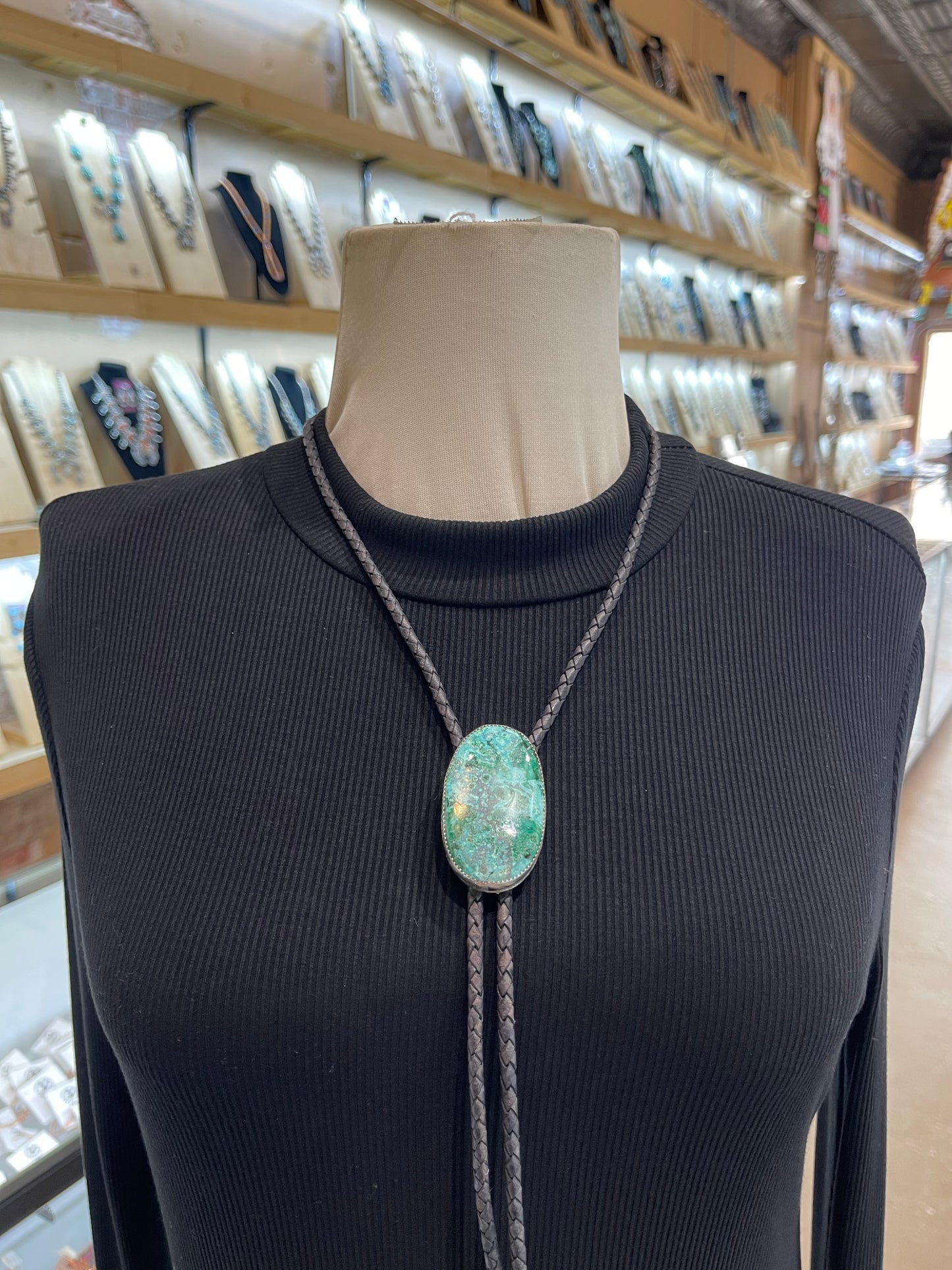 Chrysocolla Malachite Bolo Tie by Carrie Cannon, Kiowa