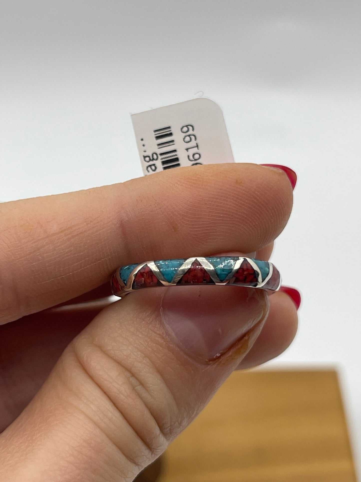 6.0 Turquoise and Coral Inlay Chunk Zig Zag Ring Band
