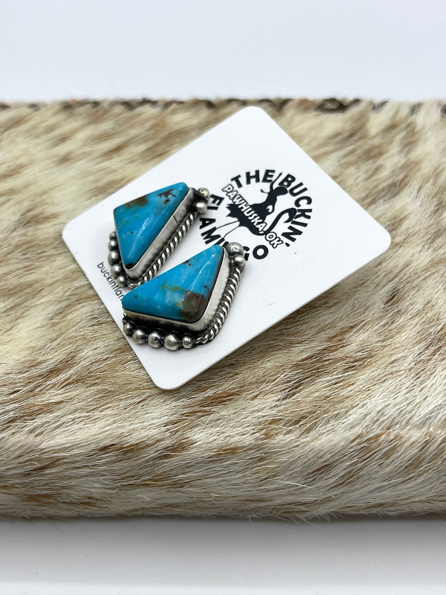 Kingman Turquoise Triangle Shaped Earrings by Elouise Kee, Navajo