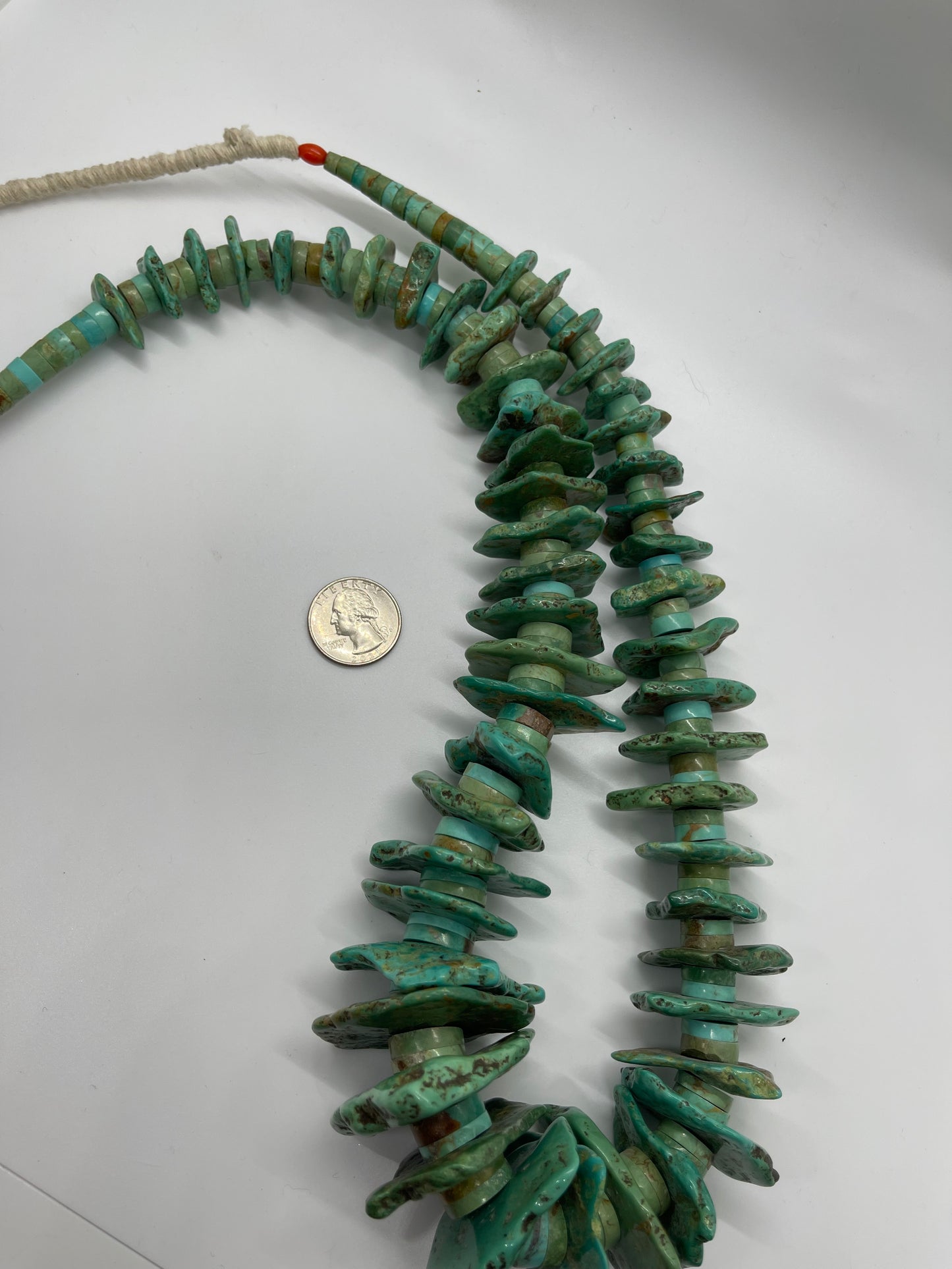 35" Hand Cut Old Turquoise Necklace by Jolene Bird, Santo Domingo