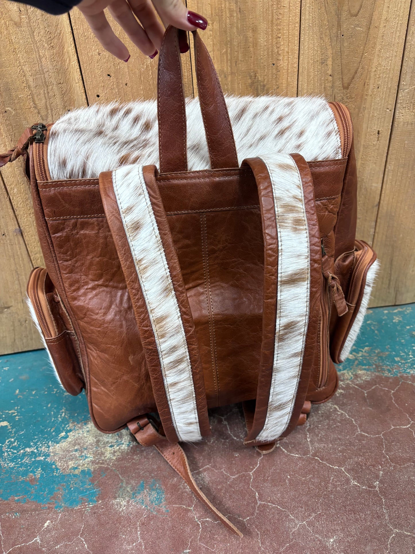 Cowhide Brown Leather Bronc Rider Tooled Backpack
