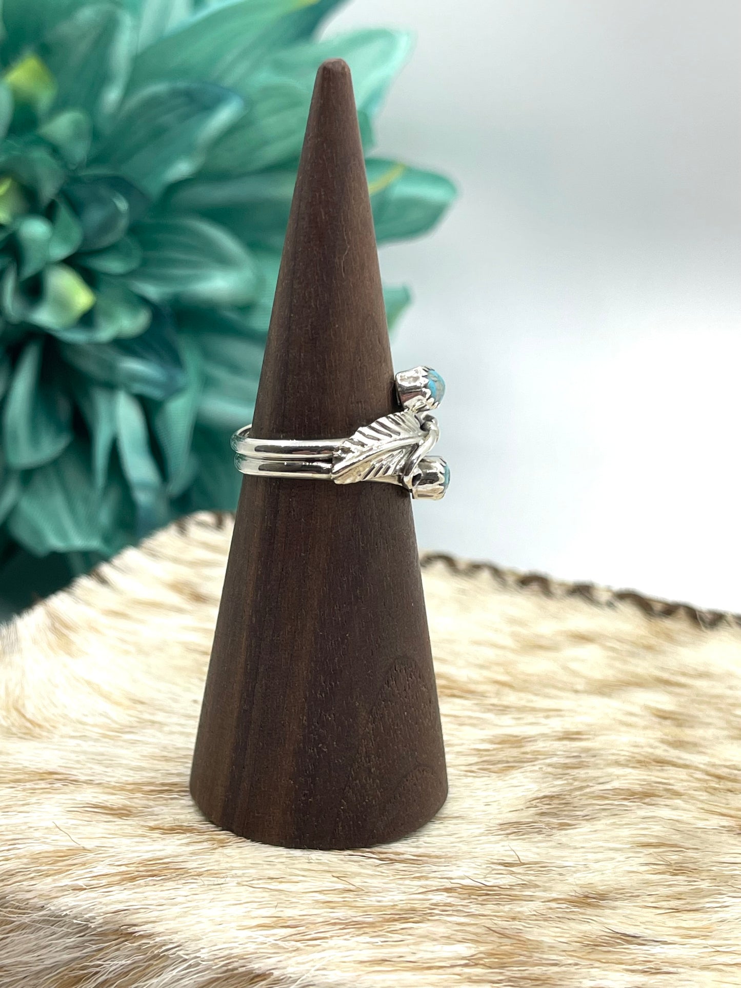 7.0 2 Stone Turquoise & Feather Ring By Harry B Yazzie